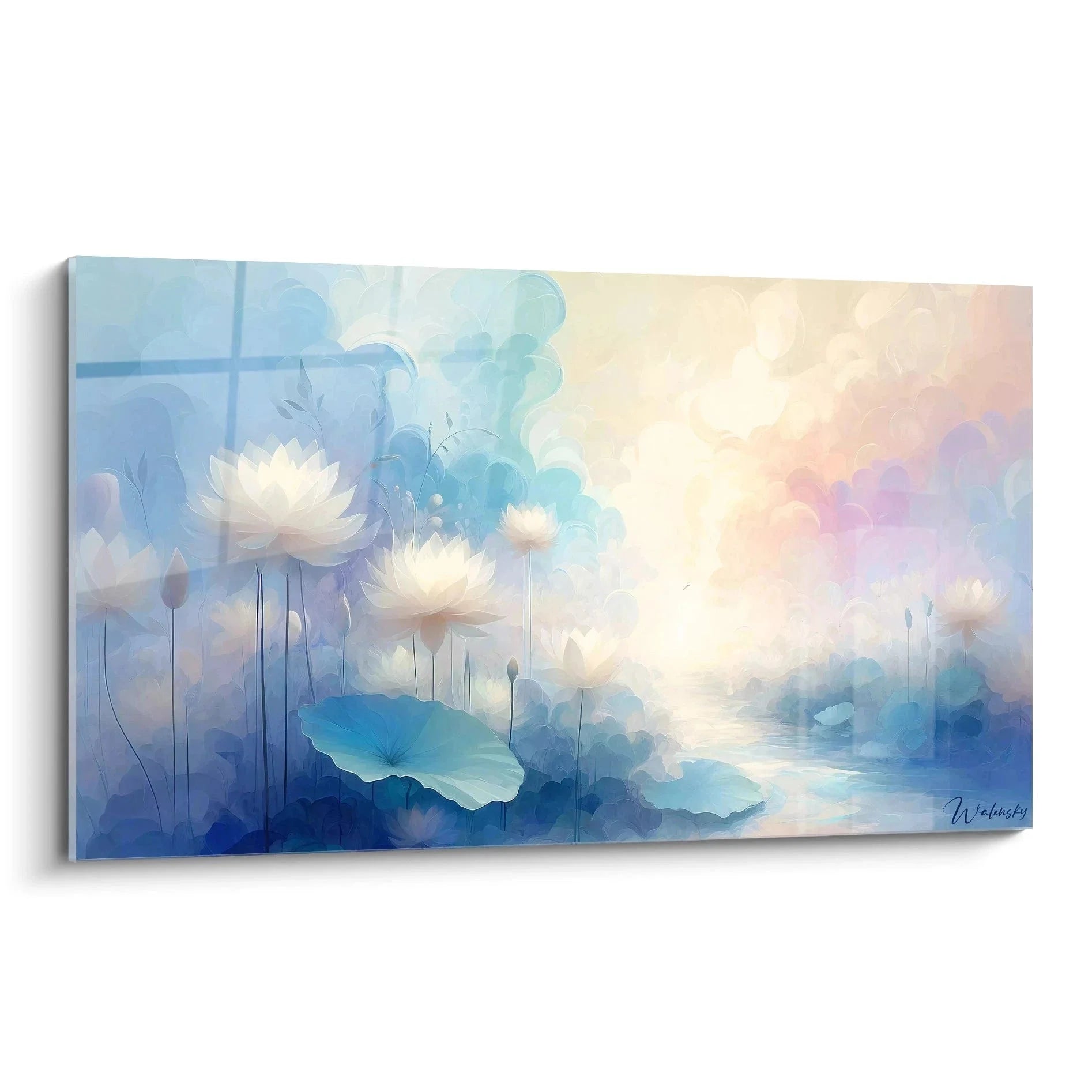 Wandbild Lotusblüten abstrakt mit weißen Blüten im blauen Nebel - Edition Abstrakte Landschaft