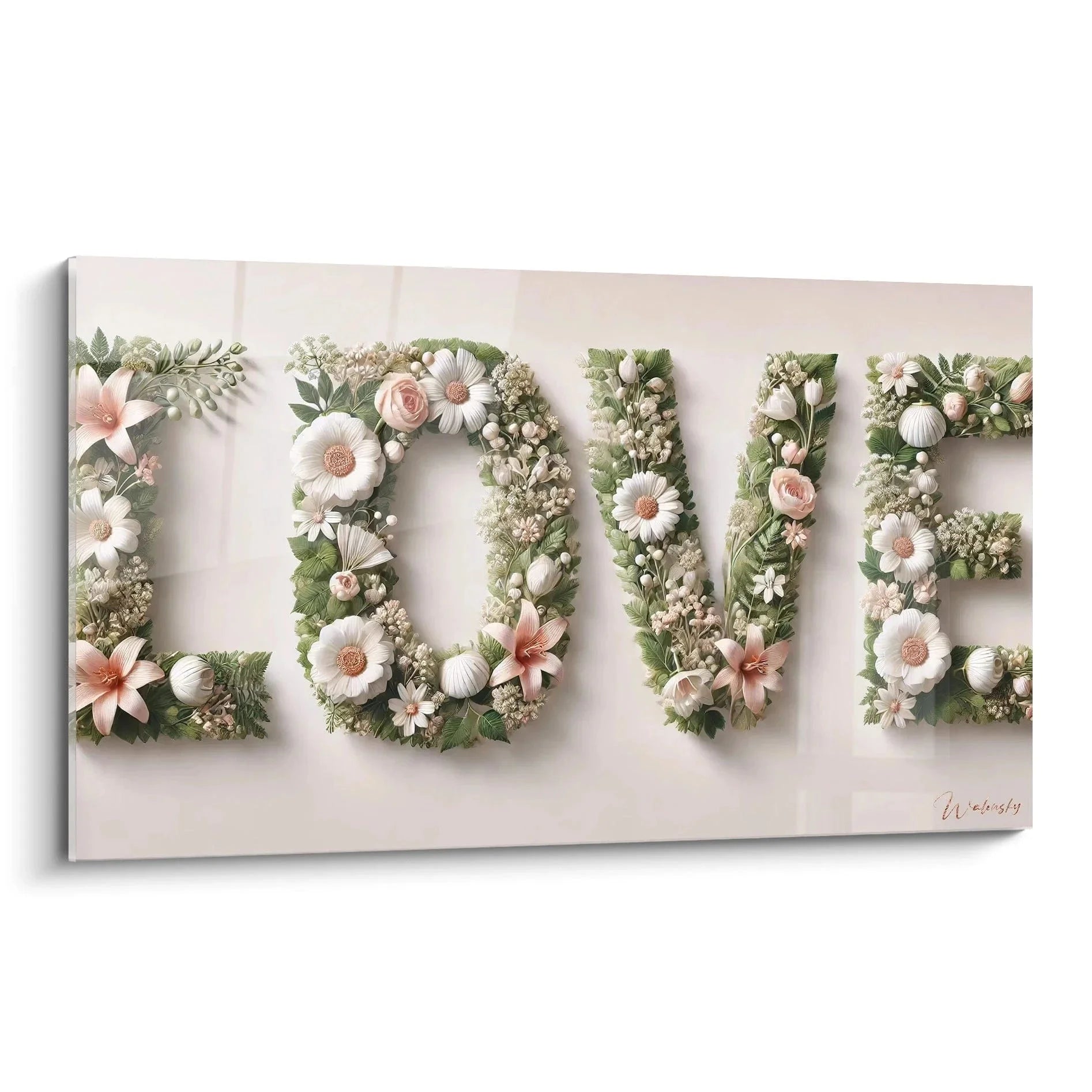 Wandbild LOVE mit Blumenbuchstaben - romantische Wanddeko mit Rosen und Margeriten Edition Love