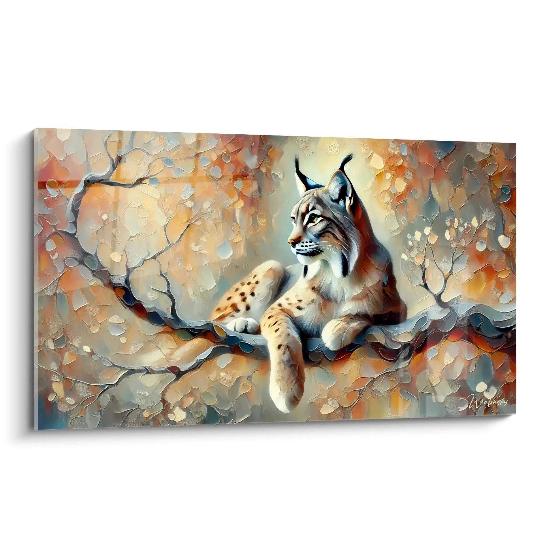 Wandbild Luchs auf Ast mit Herbstblättern - Premium Kunstdruck Edition Luchs