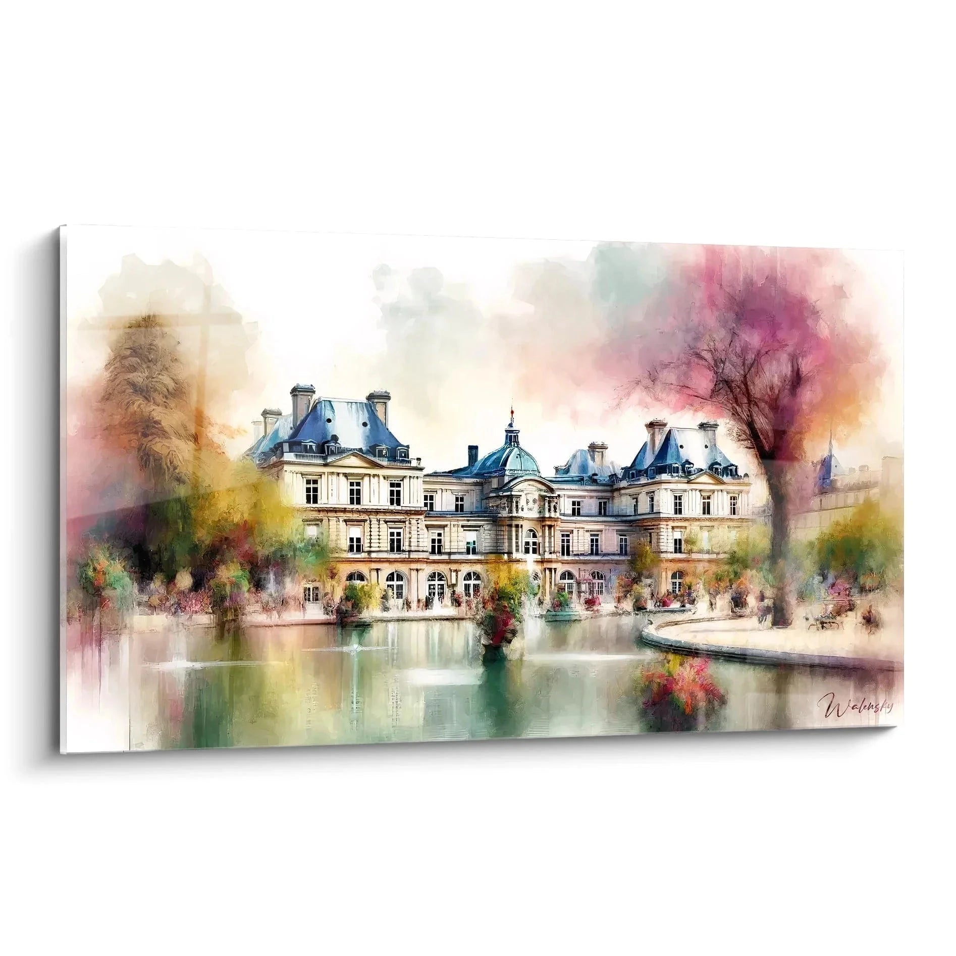 Wandbild Luxembourg Palace im impressionistischen Aquarell-Stil mit Teich und Parklandschaft