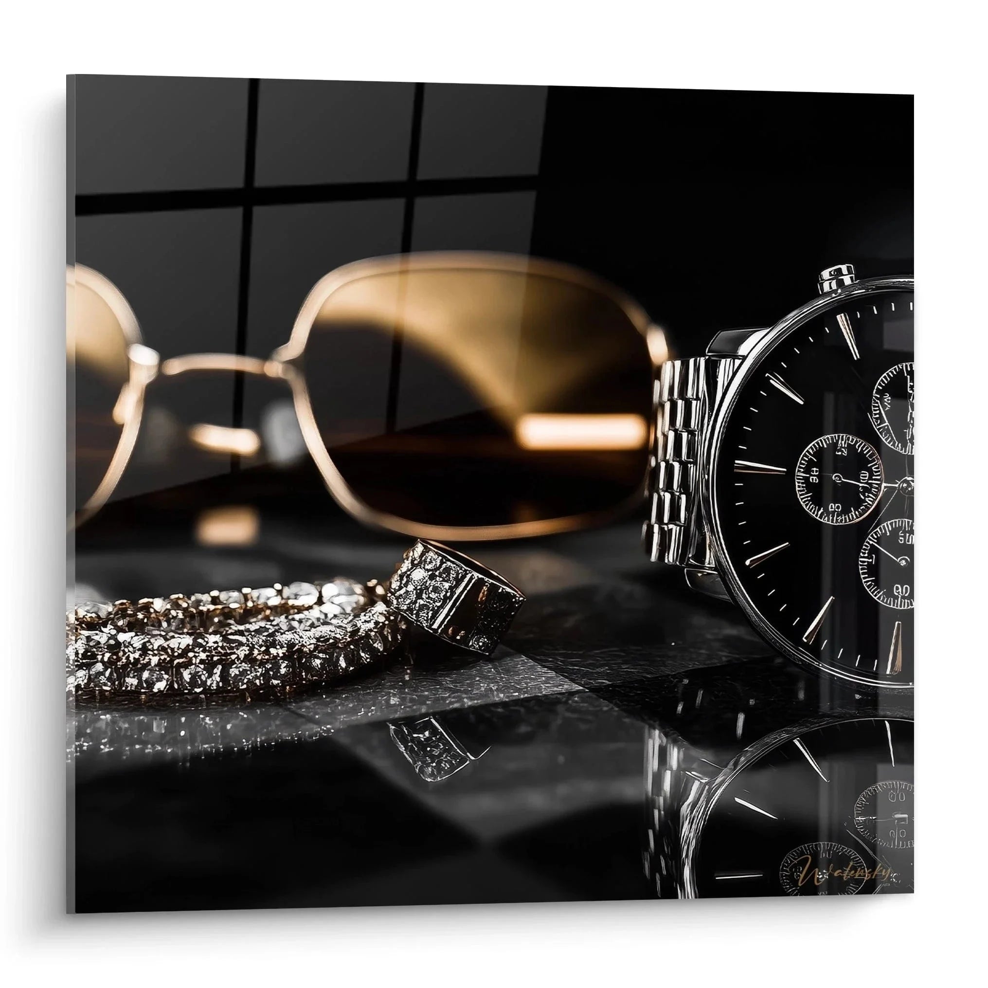 Wandbild Luxus-Accessoires mit Uhren, Diamantringen und Sonnenbrille auf schwarzer Oberfläche