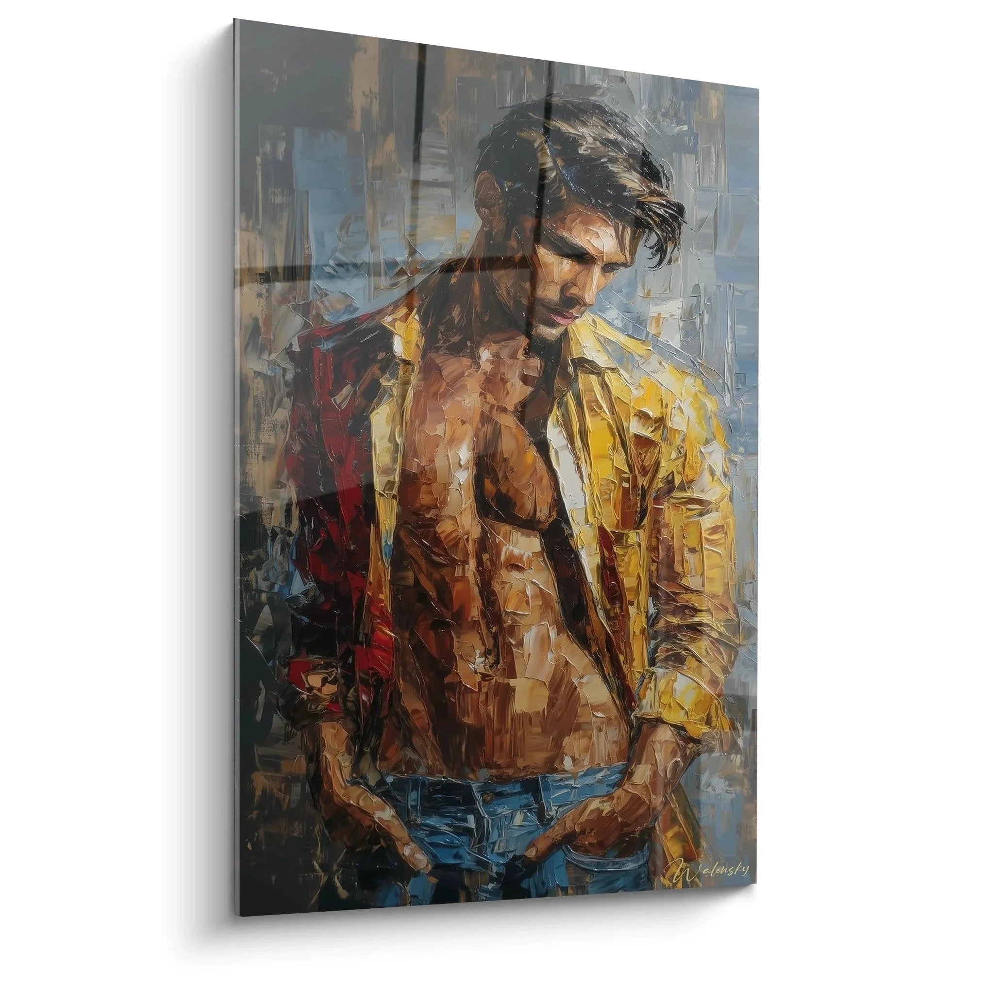 Wandbild sinnlicher Mann im gelben Hemd - Männerporträt moderne Kunst Edition Männliche Schönheit