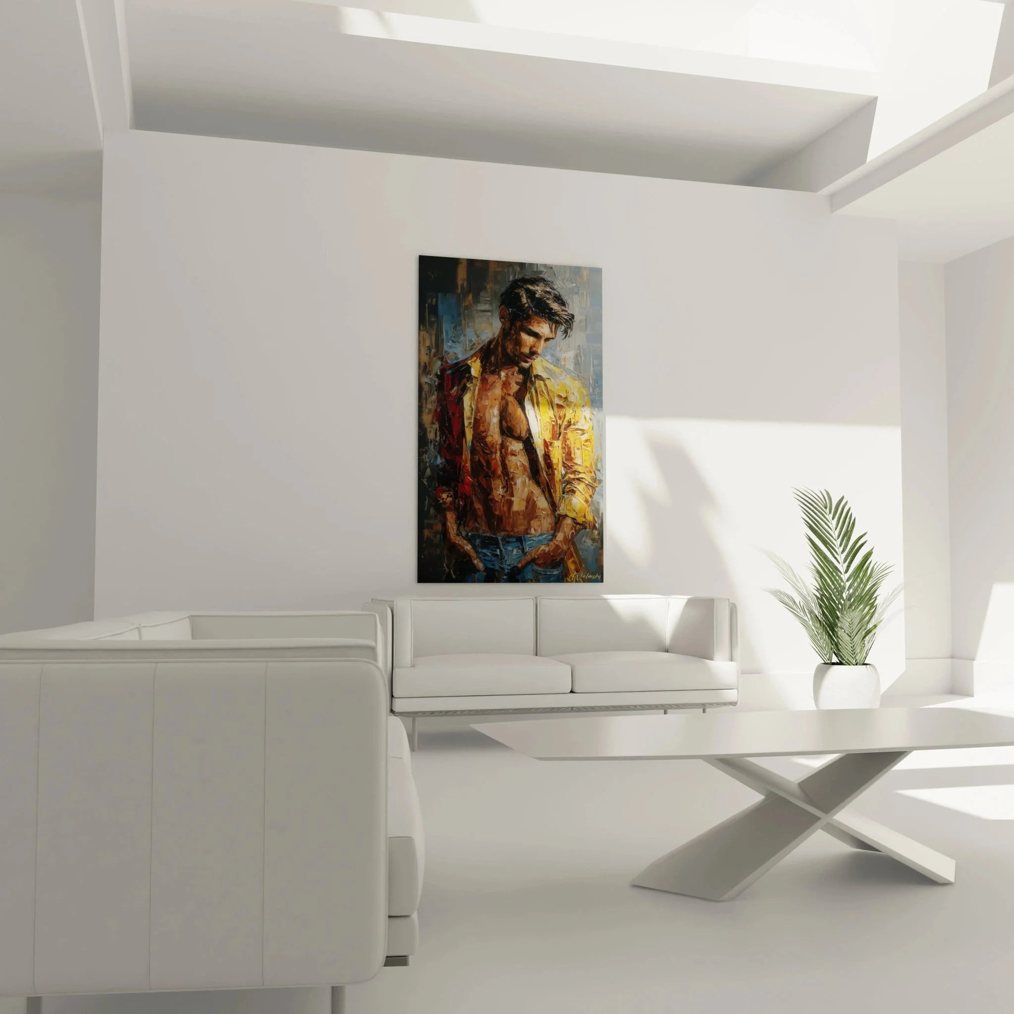 Detailansicht Wandbild männliche Ästhetik - sinnlicher Mann Portraitkunst gelbes Hemd