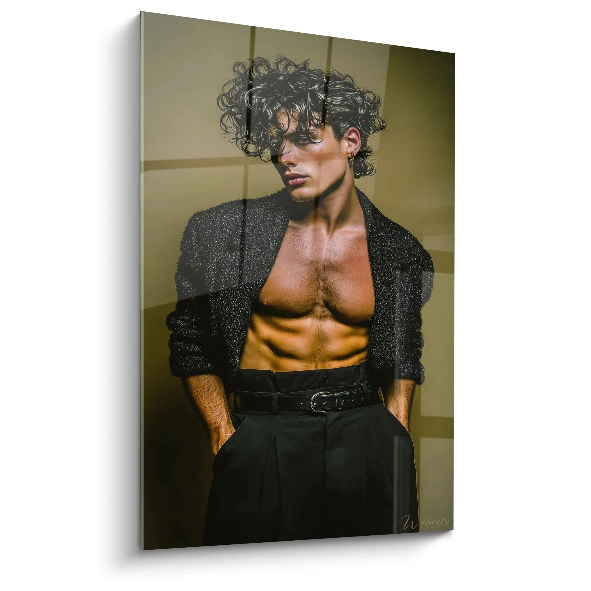 Wandbild eleganter Mann mit lockigen Haaren in glitzernder Jacke - Edition Männliche Schönheit