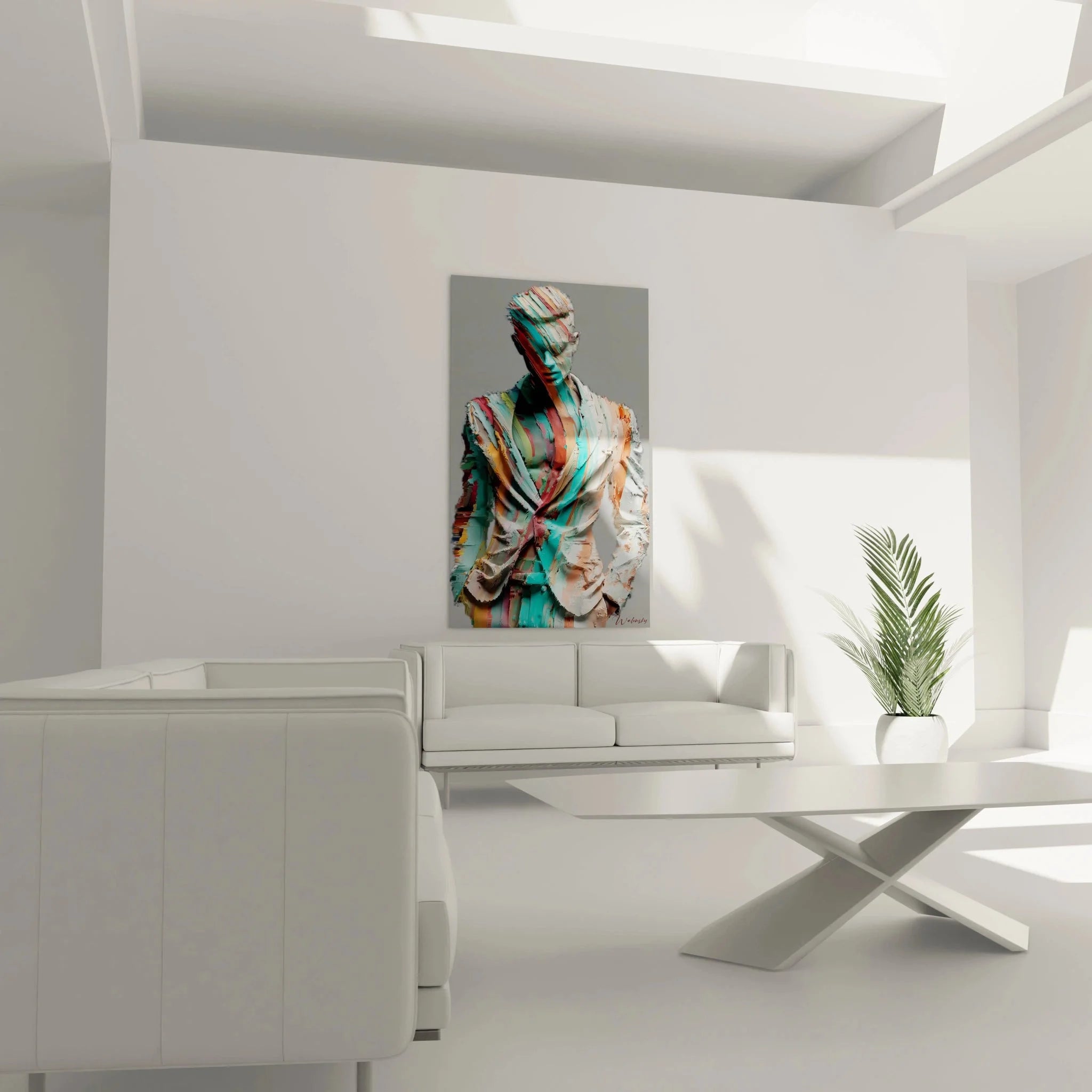 Detailansicht abstraktes Wandbild männlicher Oberkörper, expressive Pinselstriche in türkis und korallen Farbtönen