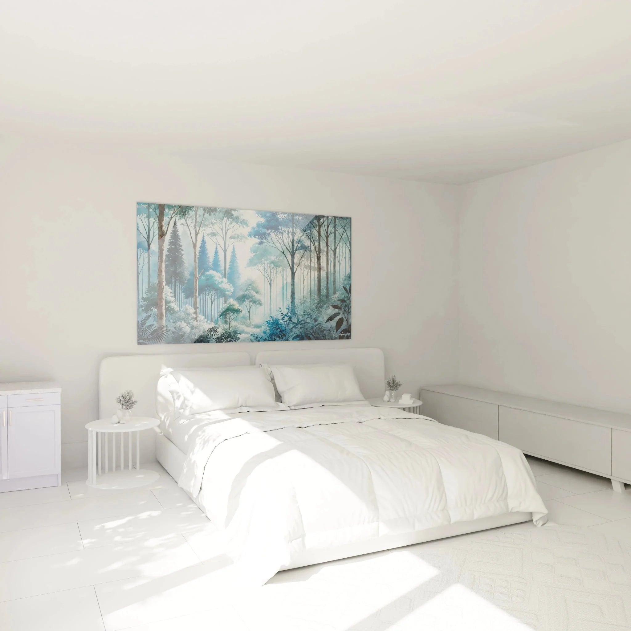 Mystisches Wandbild Märchenwald in Schlafzimmer-Ambiente mit beruhigenden Blautönen und Nebel
