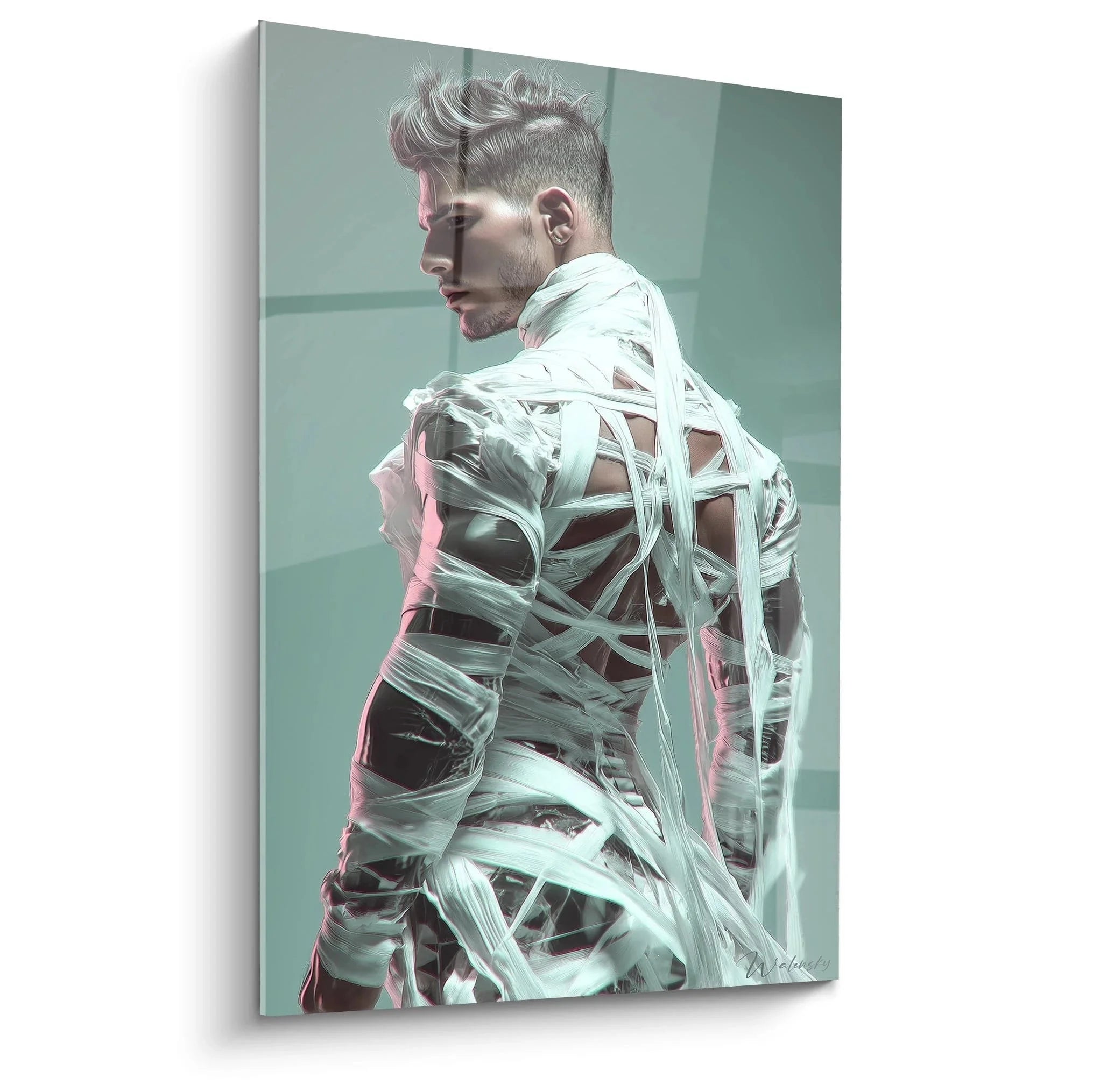 Wandbild Mann mit transparenten Bandagen in Mint und Rosé Tönen - Moderne Männliche Schönheit Kunstdruck