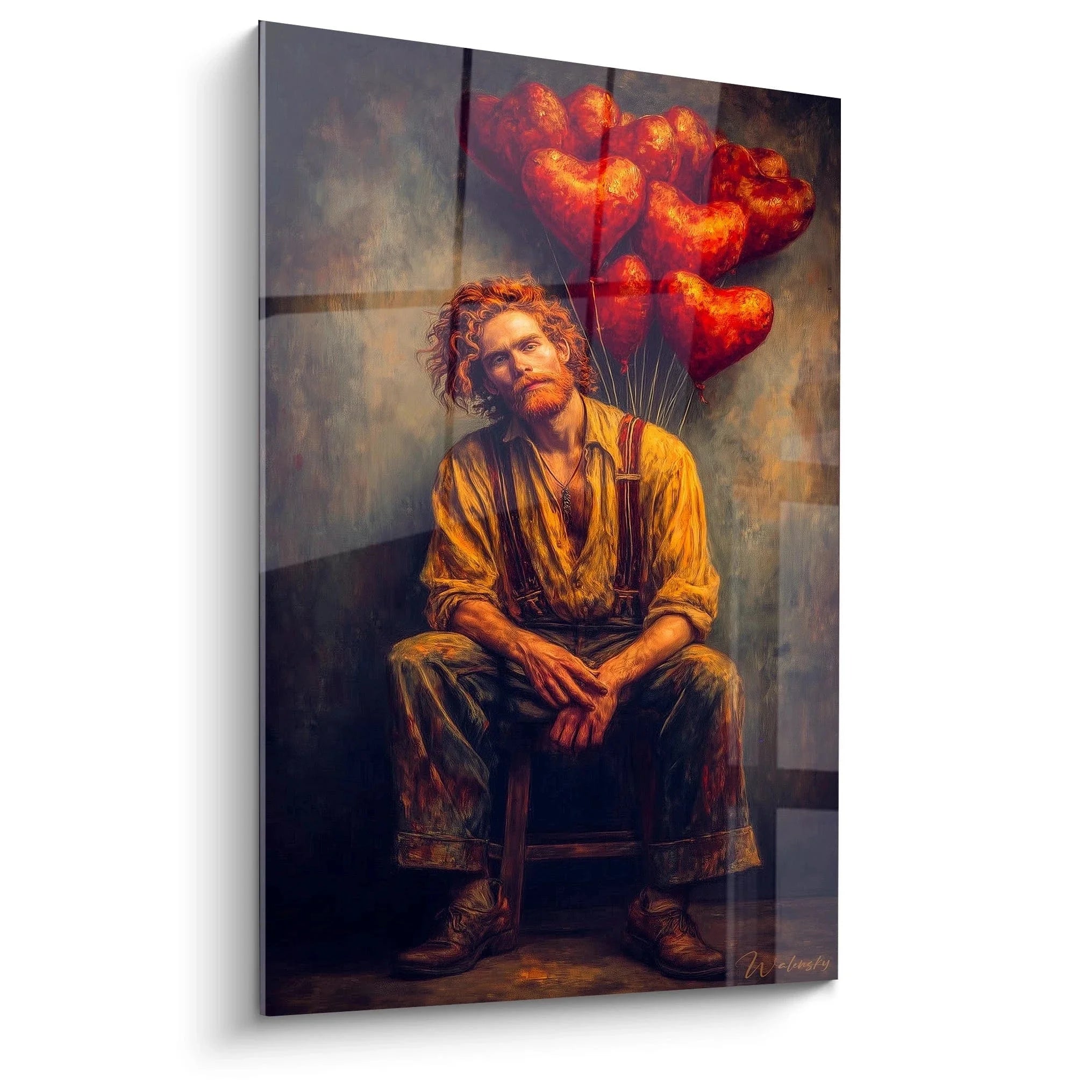 Wandbild Mann mit roten Herzballons romantische Valentinstag Dekoration Vintage Stil