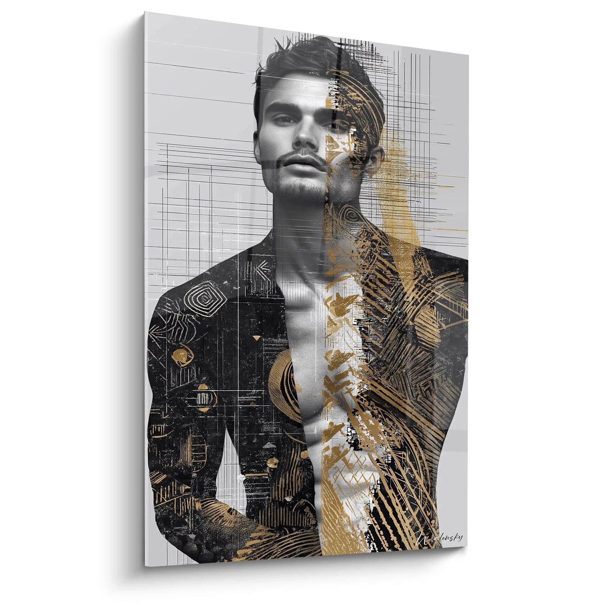 Modernes Wandbild Mann Portrait mit geometrischen goldenen Elementen auf Leinwand XXL Format