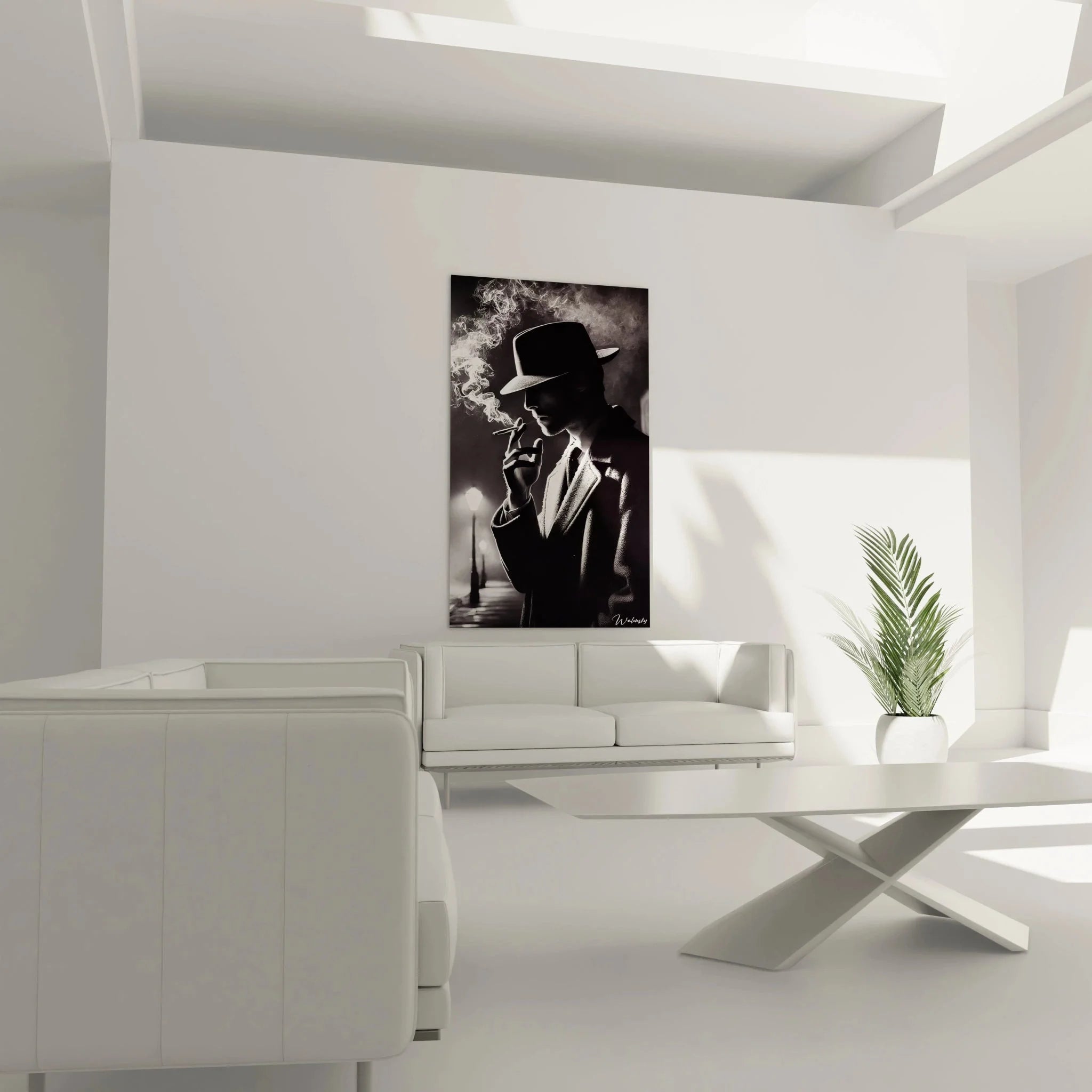 Detailaufnahme Wandbild Mann mit Zigarre, künstlerischer Zigarrenrauch im Noir-Style