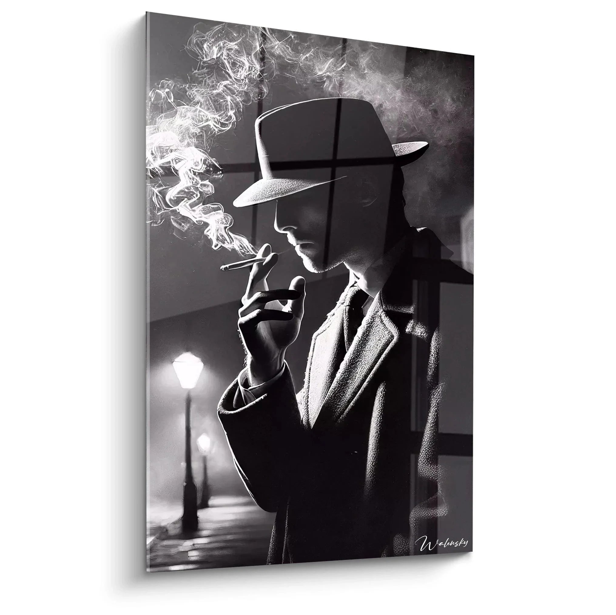 Wandbild Mann mit Zigarre im Film Noir Stil, schwarz-weiß Gentleman mit Fedora-Hut