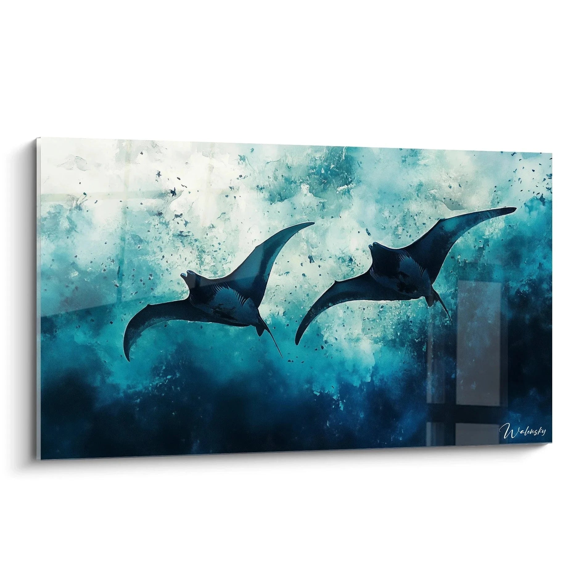 Wandbild mit zwei Mantarochen in tiefblauer Unterwasserwelt, Edition Mantarochen Kunstdruck