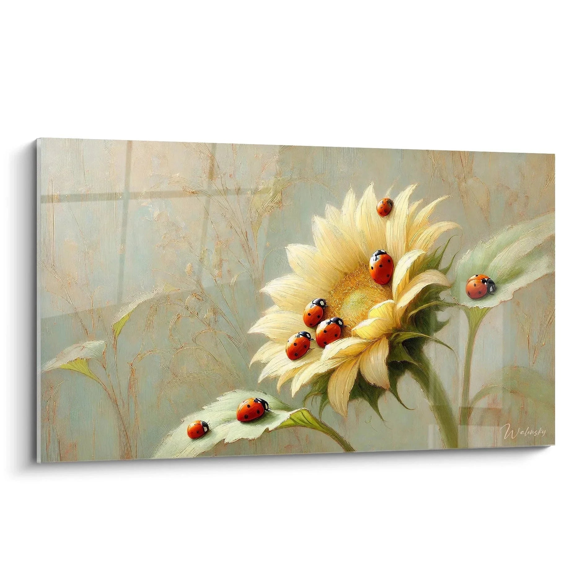 Wandbild Marienkäfer auf Sonnenblume in warmen Farbtönen - Naturkunst Leinwanddruck XXL Edition Marienkäfer