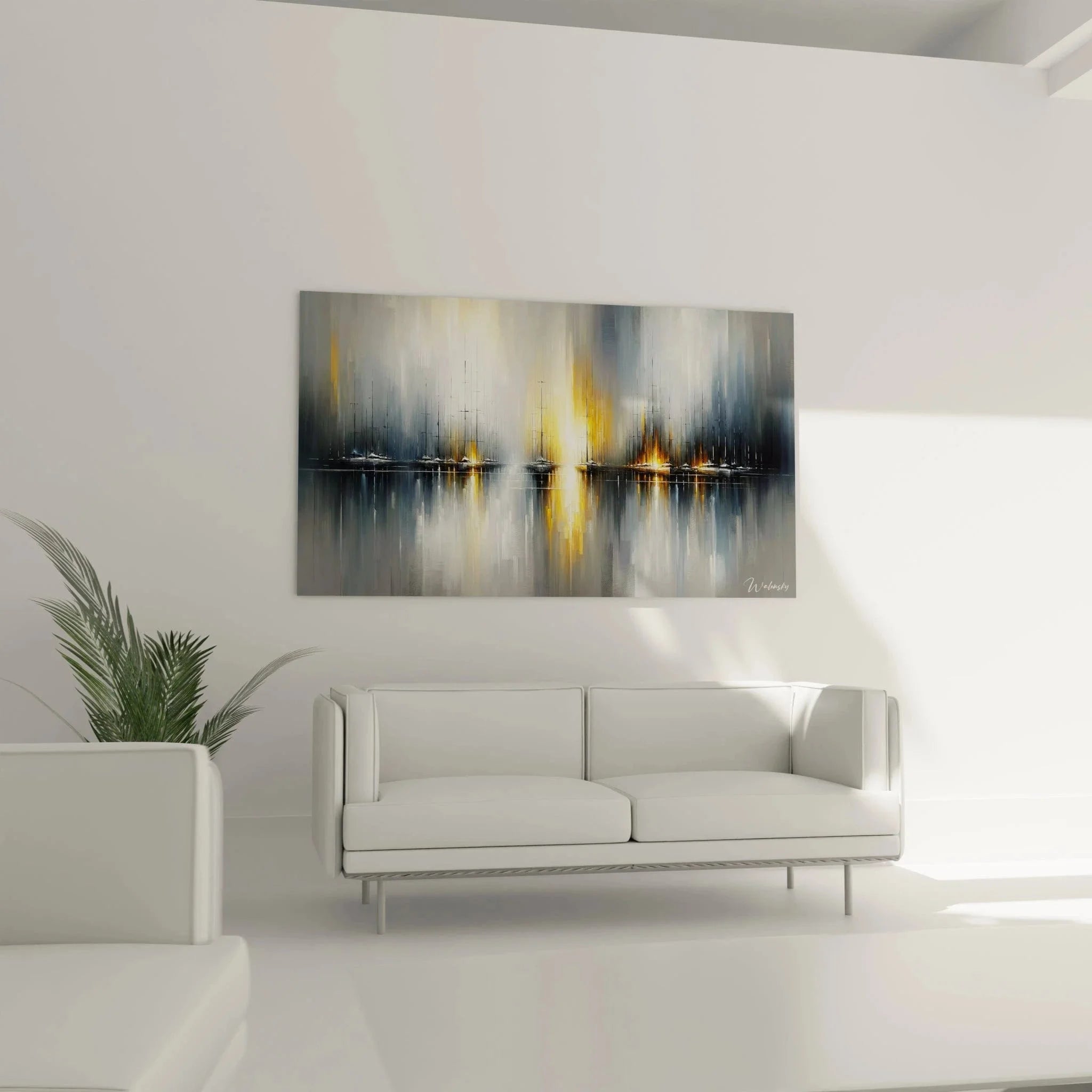 Detailansicht Wandbild Marina mit goldenen Lichtreflexionen auf Wasser