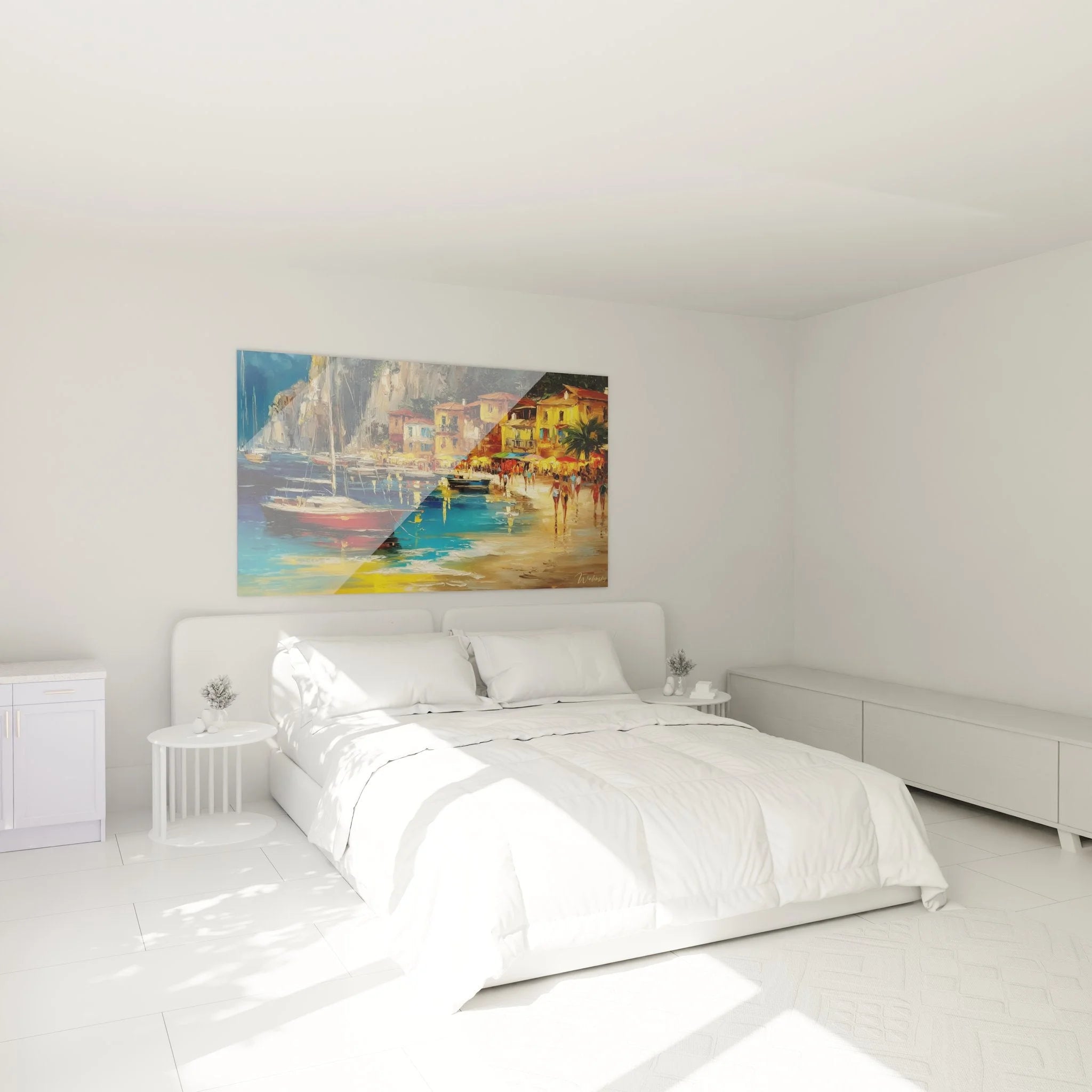 Mediterrane Küstenstadt Wandbild in modernem Schlafzimmer - stilvolle Strand Wanddekoration über dem Bett