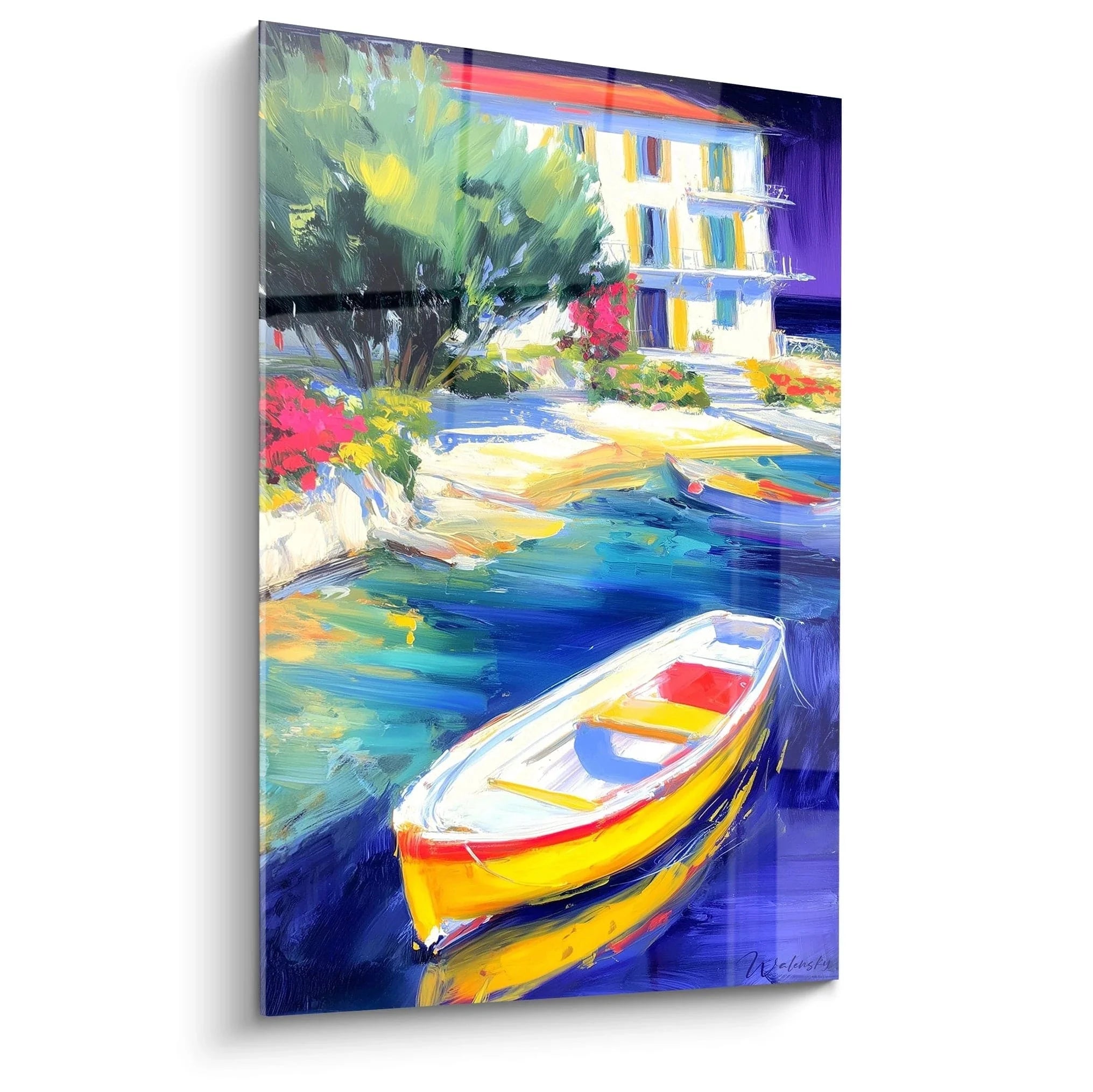 Wandbild mediterrane Bucht mit buntem Boot im Hafen, impressionistische Malerei