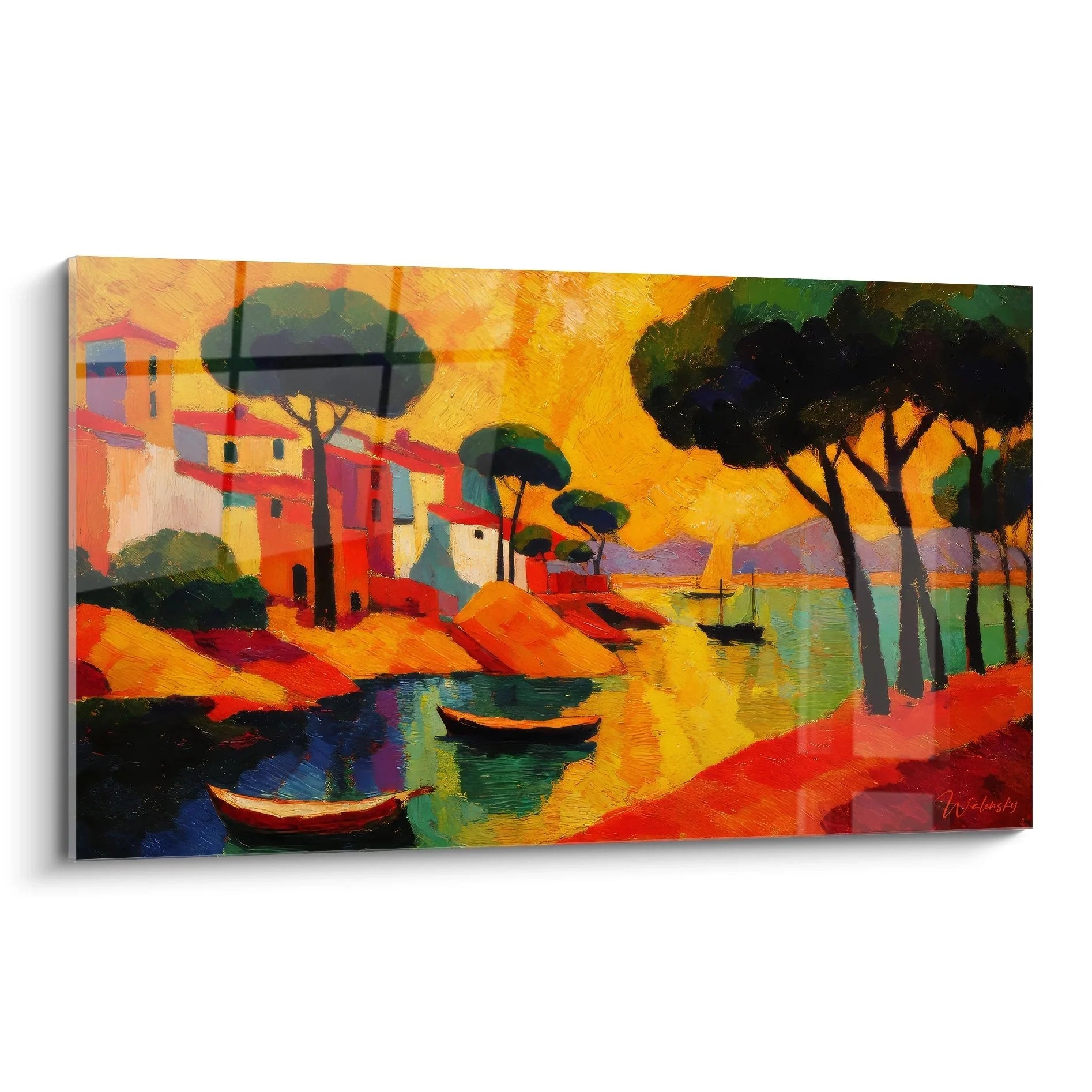 Wandbild mediterrane Hafenlandschaft mit Booten, Pinien und bunten Häusern in expressivem Malstil