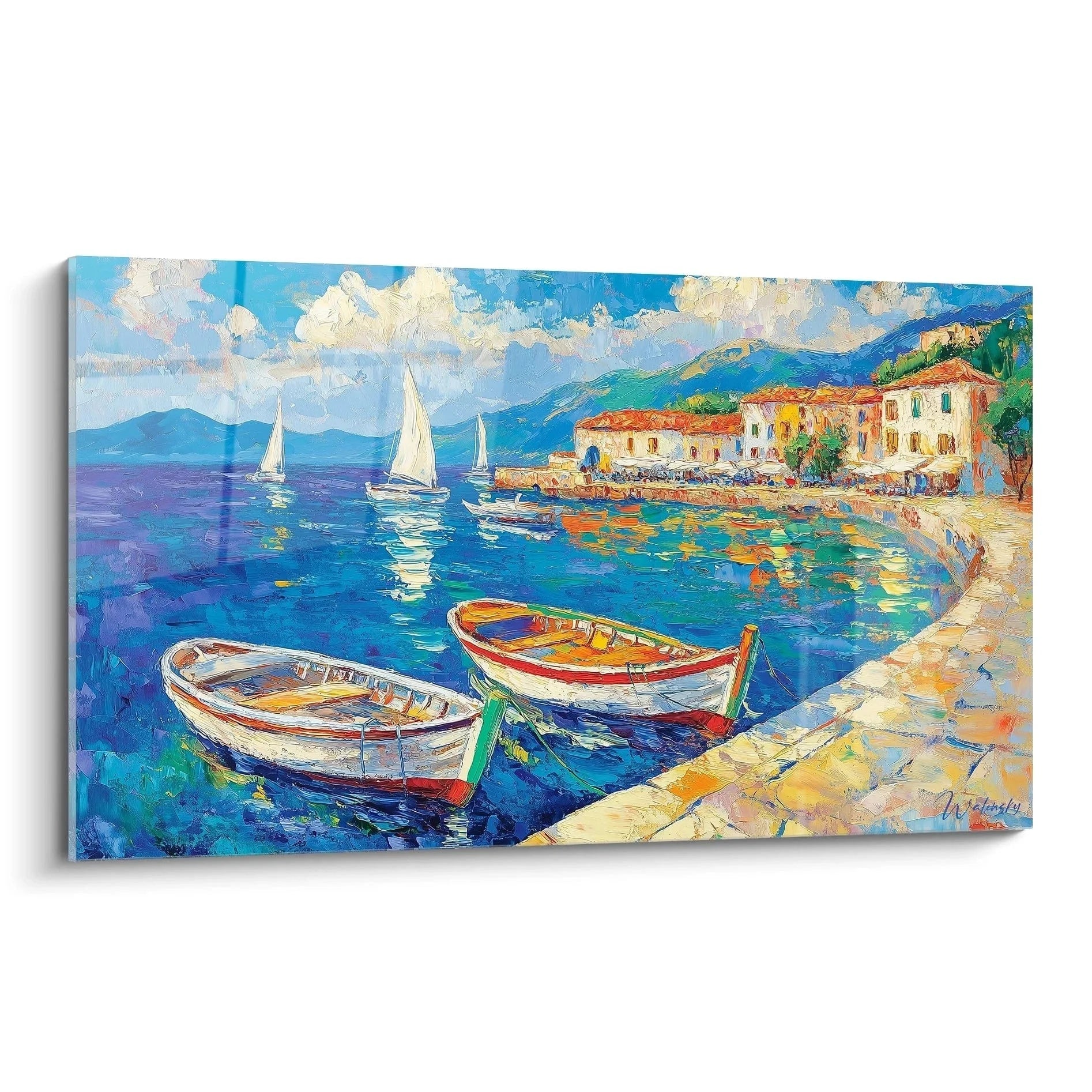 Wandbild Mediterrane Hafenszene mit Fischerbooten und Segelbooten in impressionistischem Stil