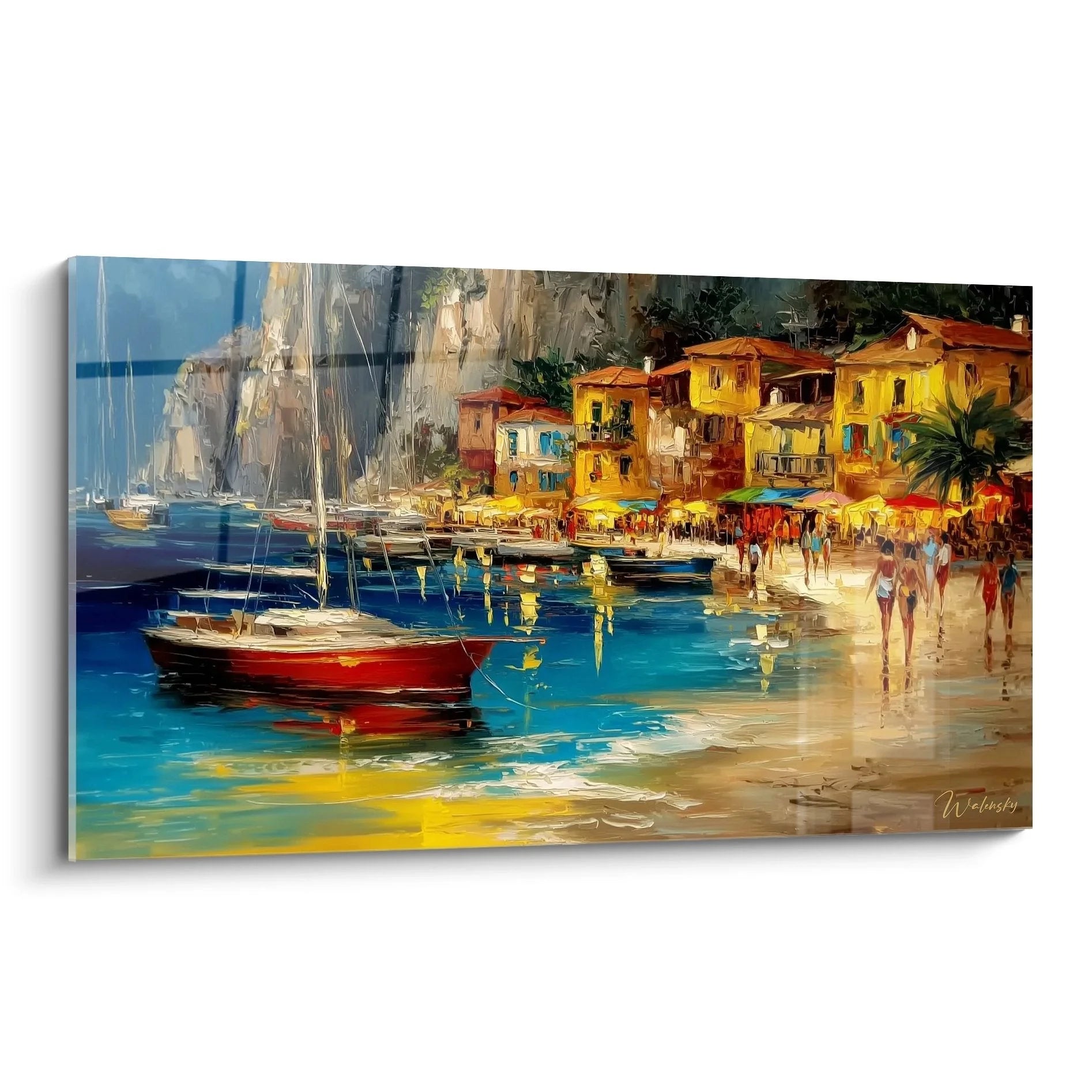 Wandbild mediterrane Küstenstadt mit bunten Häusern am Hafen und türkisblauem Wasser - Edition Strand Walensky