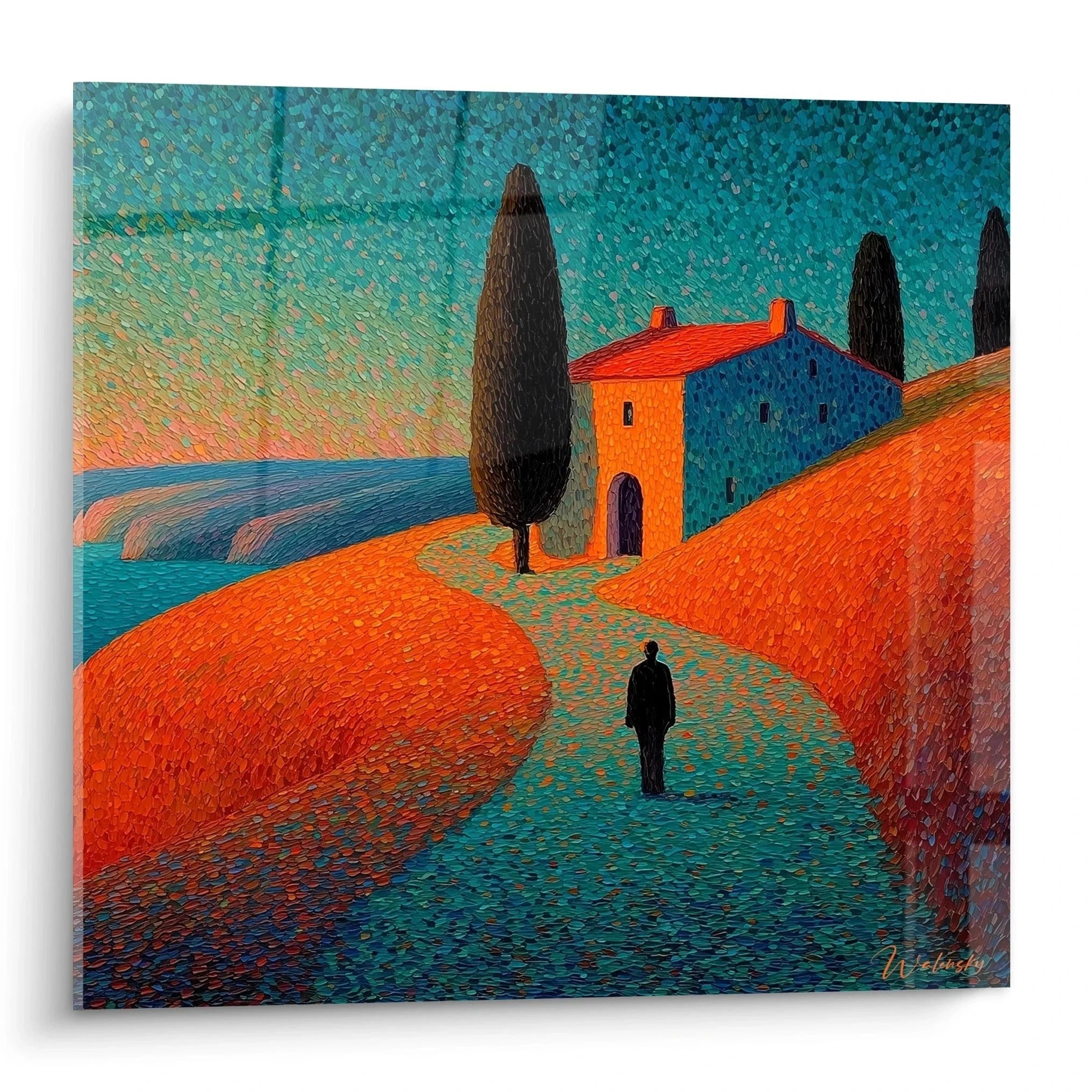 Wandbild mediterrane Landschaft Pointillismus mit toskanischer Villa und Zypressen in warmen Farbtönen