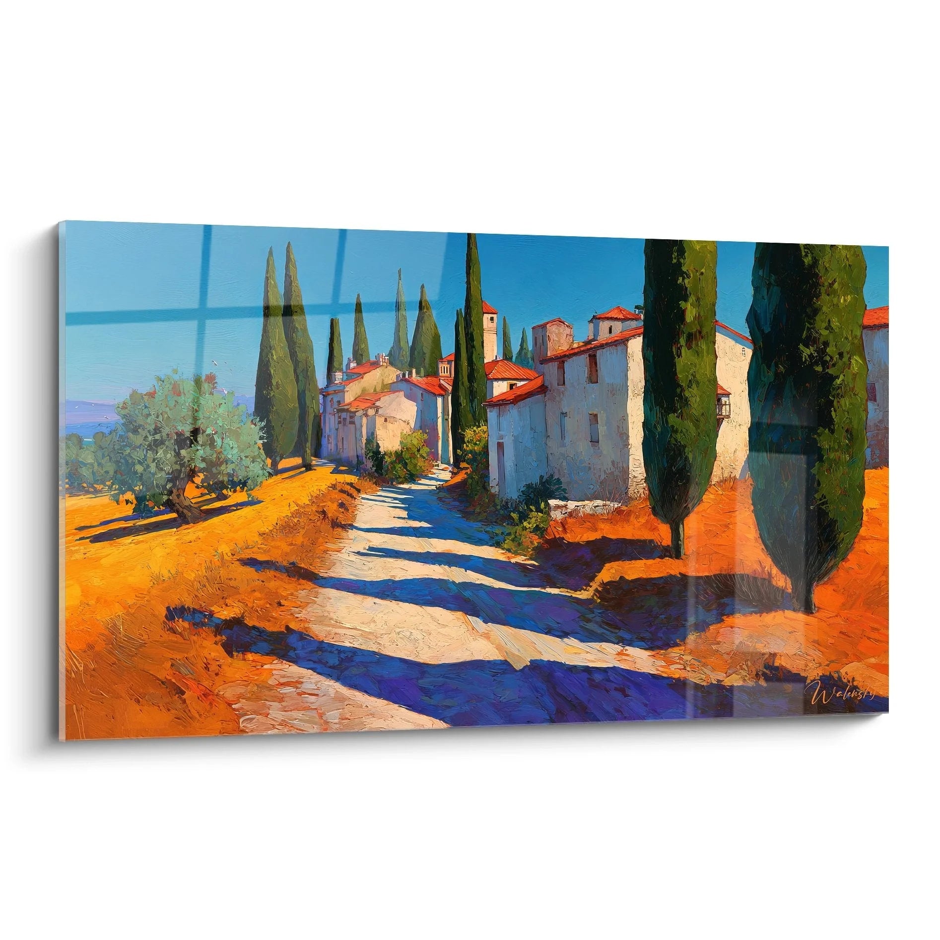 Wandbild mediterrane toskanische Landschaft mit Dorf, Zypressen und warmem Erdweg unter blauem Himmel