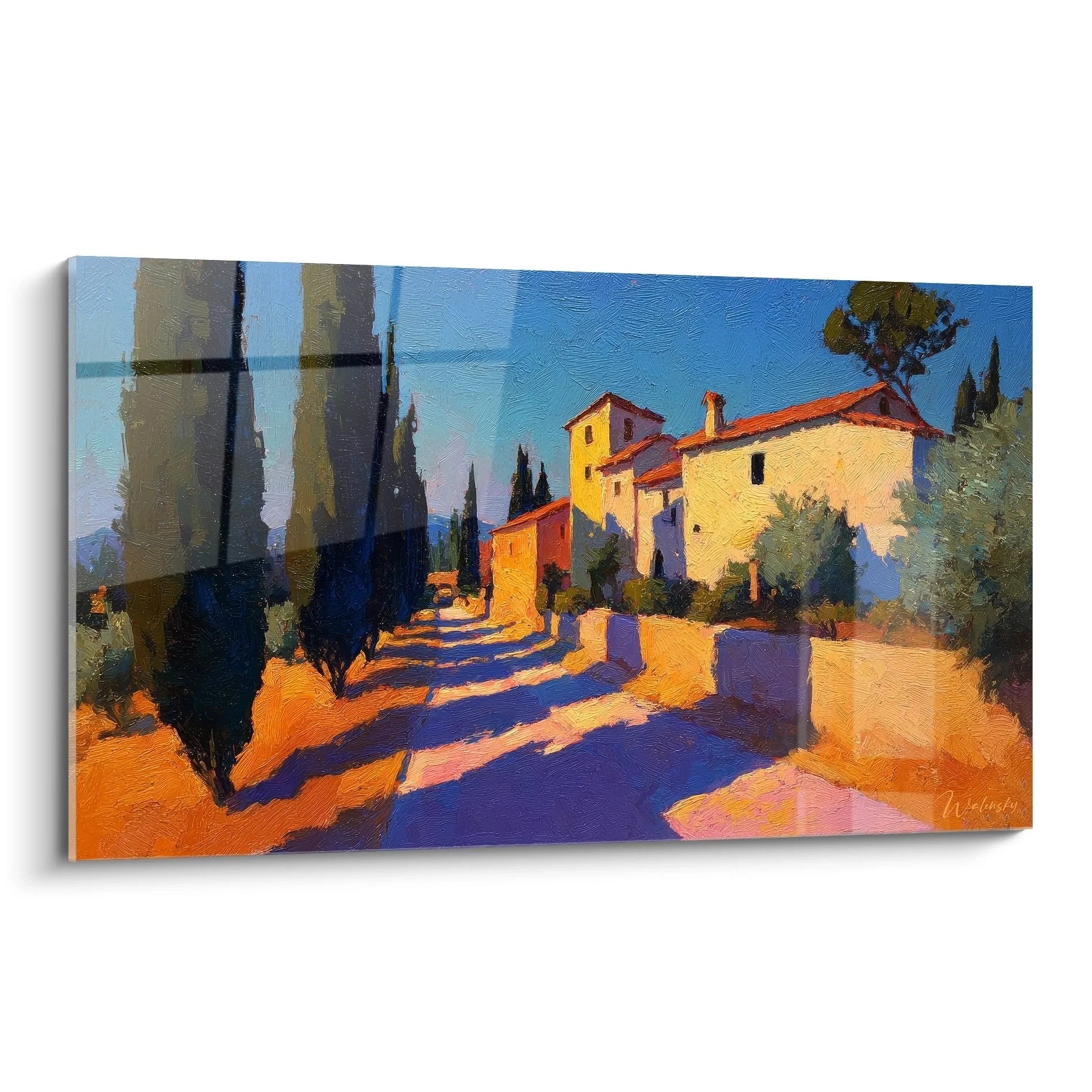 Wandbild mediterrane Villa mit Zypressen in toskanischer Landschaft, warme Farben und Abendlicht