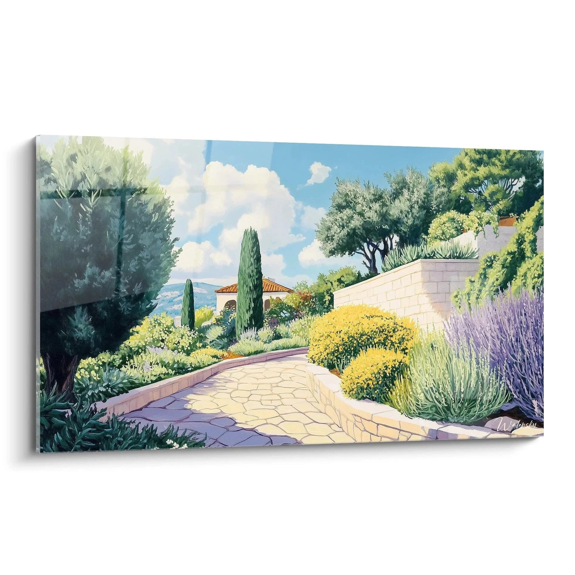 Wandbild mediterraner Garten mit toskanischer Villa, Zypressen und Lavendelfeldern