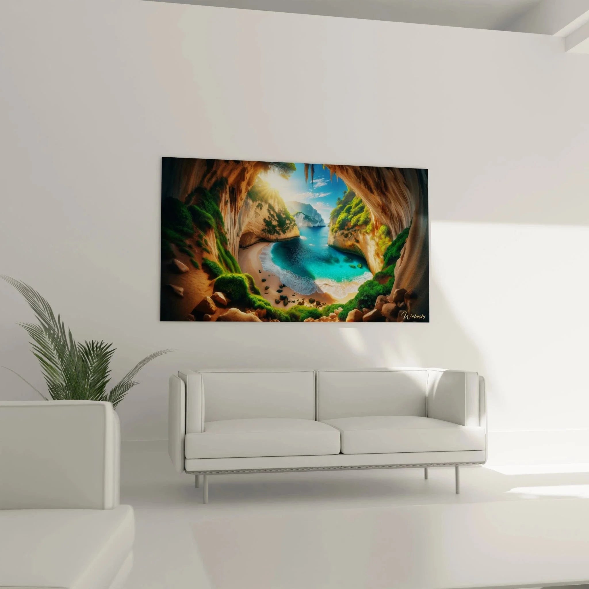 Detailansicht Wandbild Meereshöhle, kristallklares türkises Wasser und tropische Pflanzen in natürlicher Höhle