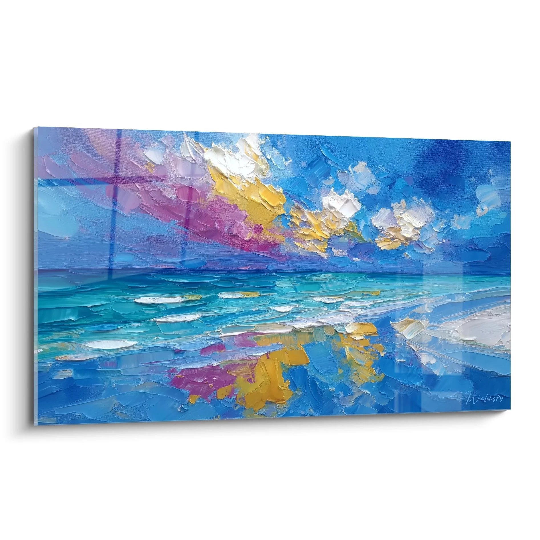 Wandbild Meereslandschaft abstrakt mit blauen Wellen und gelbem Himmel - Edition Strand Wandkunst