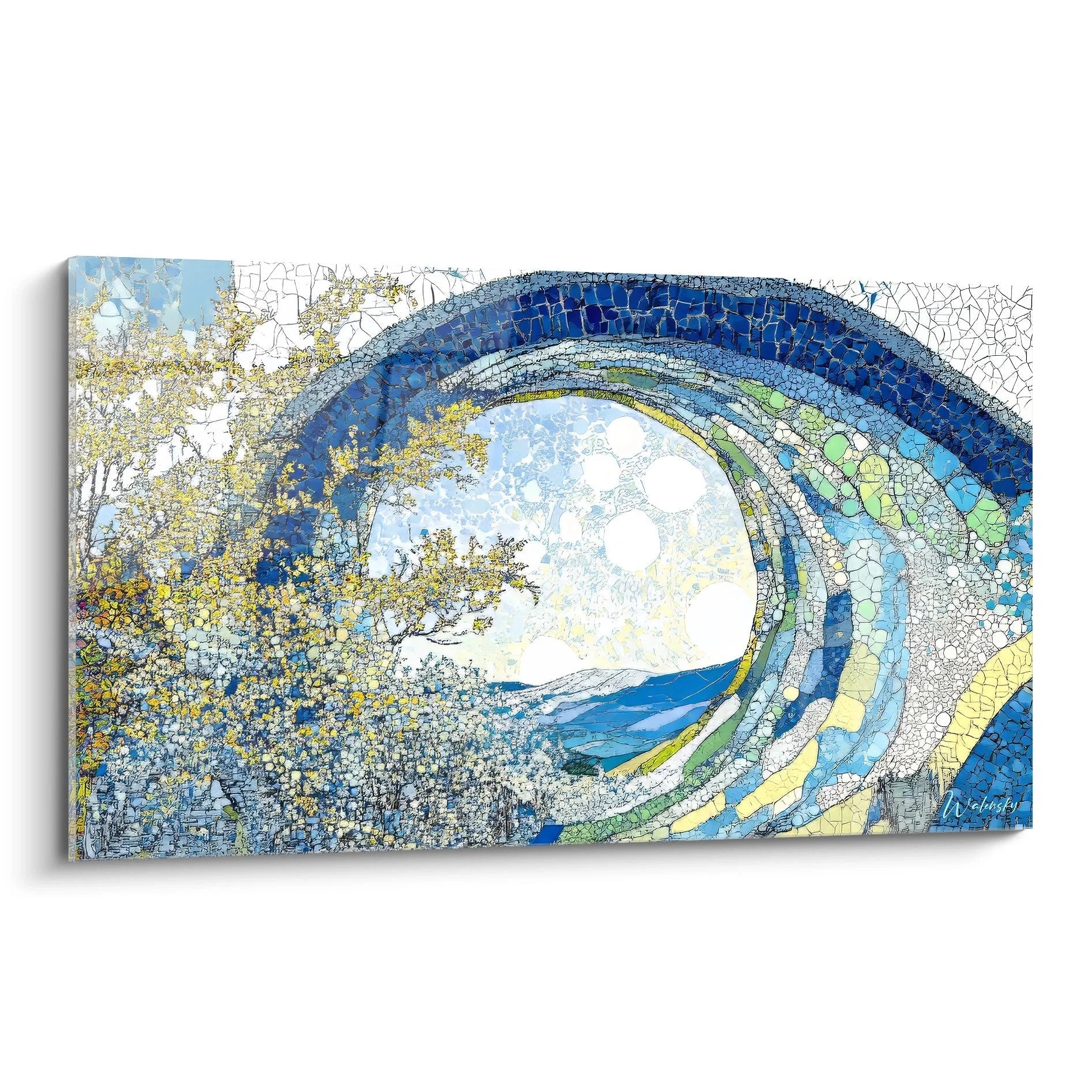 Wandbild Meereswelle Mosaik mit blauer Spirale in abstraktem Stil für moderne Wanddekoration