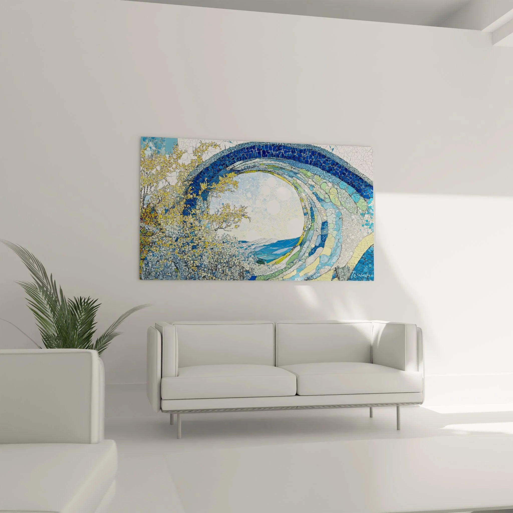 Detailansicht Wandbild Meereswelle Mosaik mit blauen Spiralen und mosaikartiger Struktur