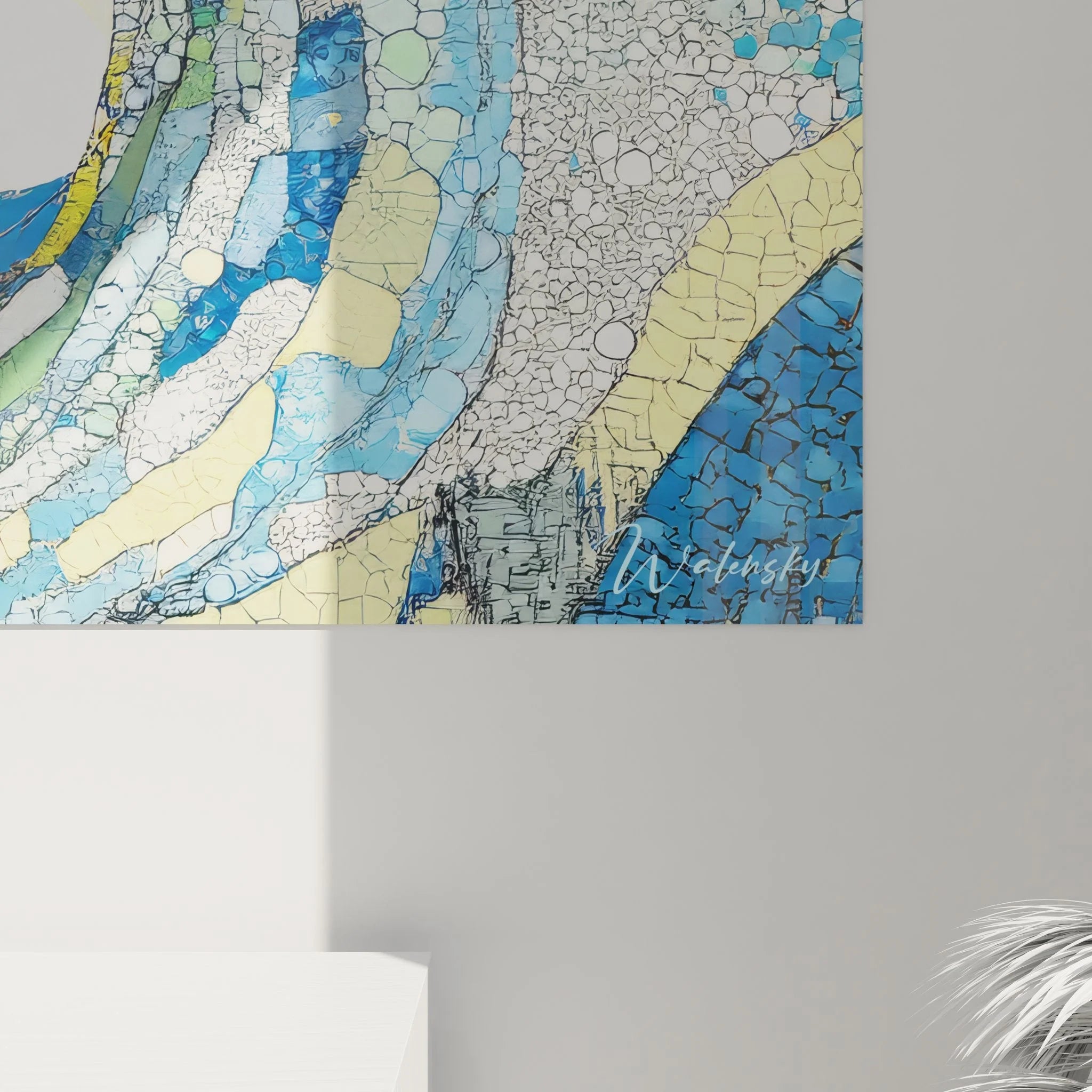 Gesamtansicht Wandbild Meereswelle mit abstrakter Spirale in blauer Mosaik Optik XXL Format