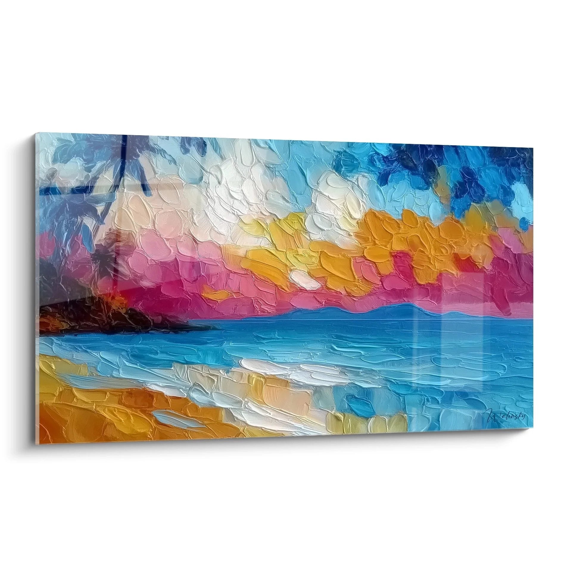 Wandbild Meereszene dramatischer rosa-orange Himmel türkisblaues Wasser Impasto-Technik Strand