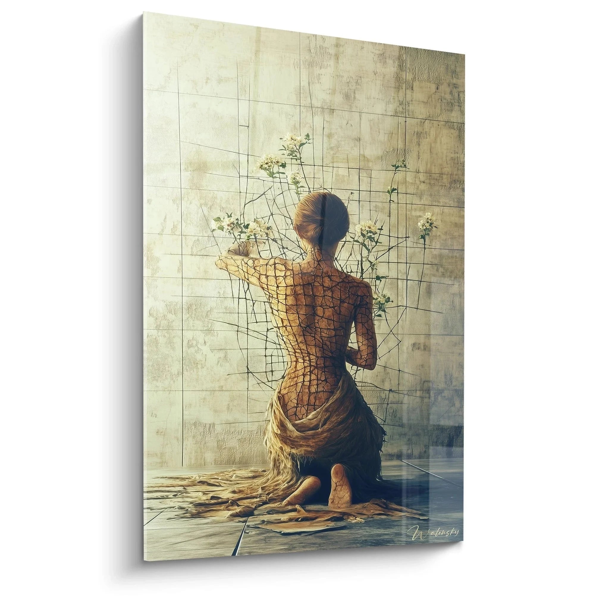 Surreales Wandbild einer Frau in geometrischer Metamorphose mit botanischen Elementen - Edition Surrealismus