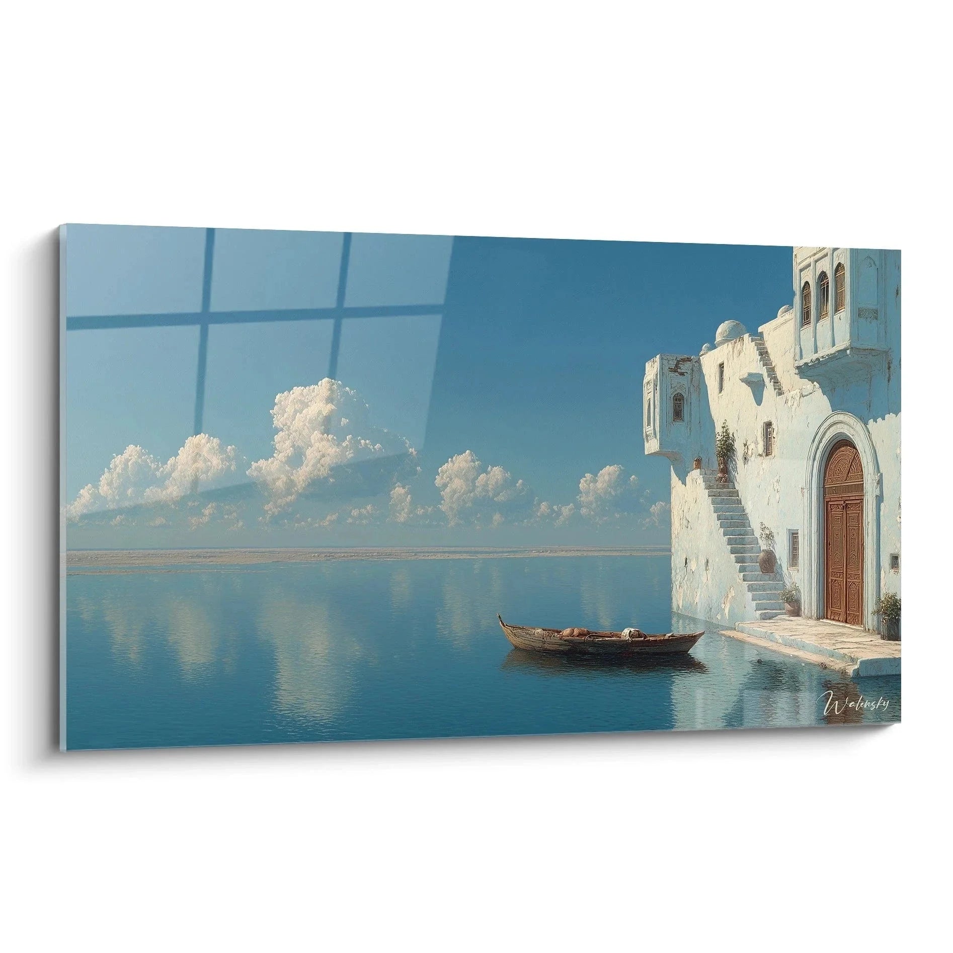 Wandbild Mittelmeer Architektur mit weißer Villa und Boot am blauen Meer - Edition Klassizismus