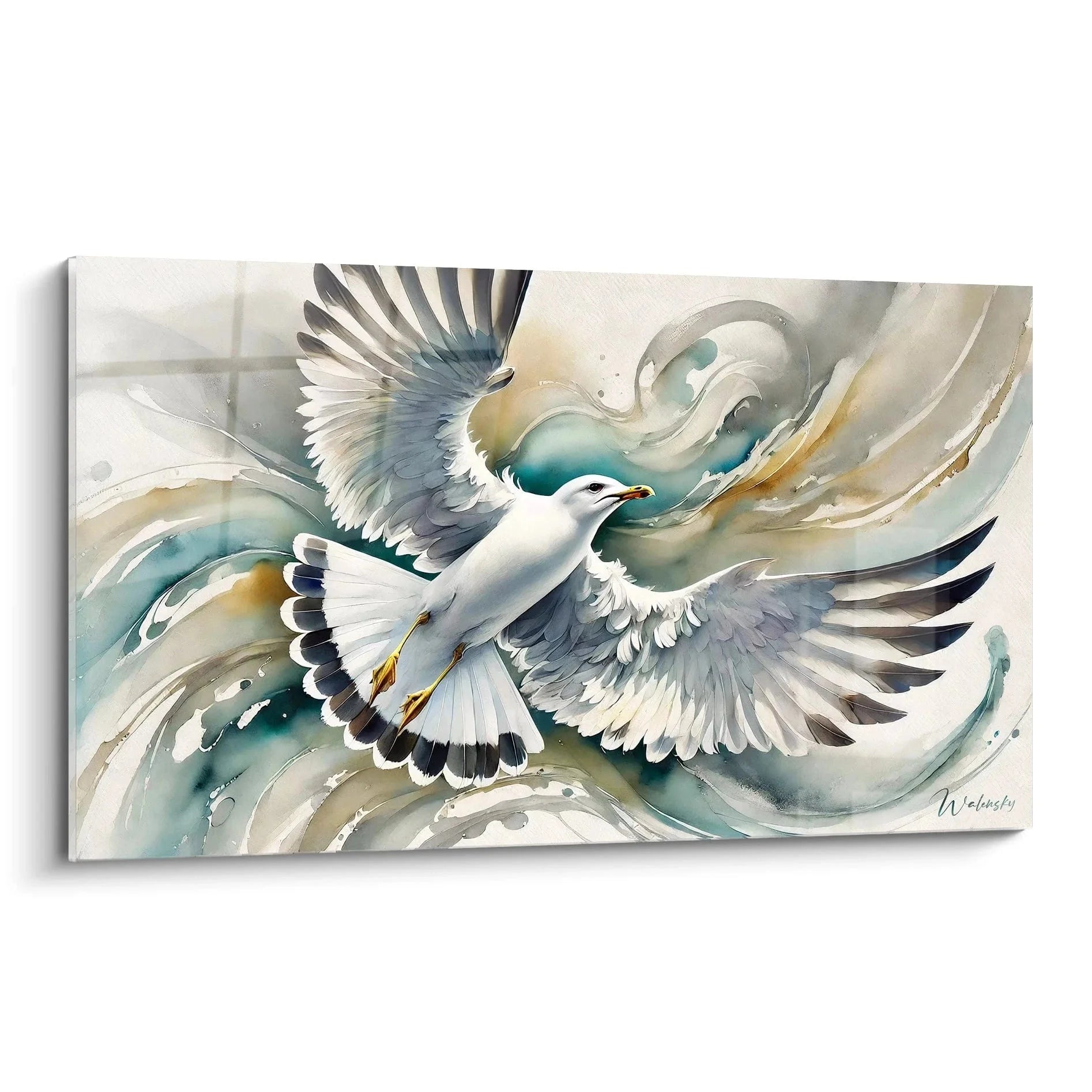 Wandbild Möwe Aquarell - Fliegende Seemöwe mit ausgebreiteten Flügeln in maritimer Wanddekoration