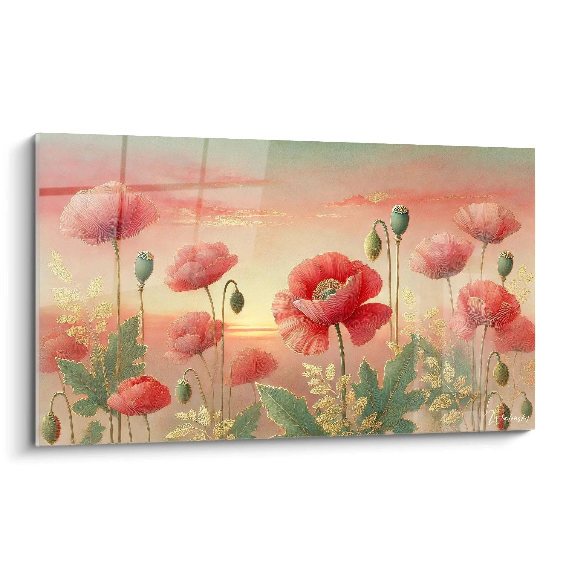Wandbild rosa Mohnblumen im Sonnenuntergang mit goldenen Akzenten - Edition Wildblumen Kunstdruck
