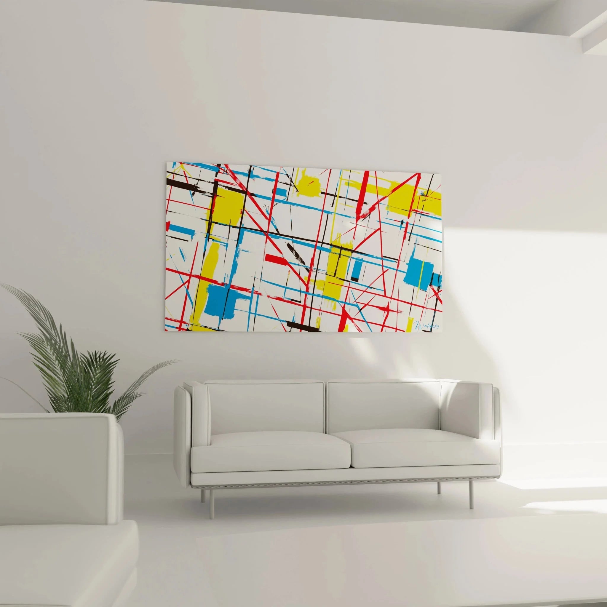 Detailansicht Wandbild Mondrian Stil mit roten, blauen und gelben geometrischen Elementen