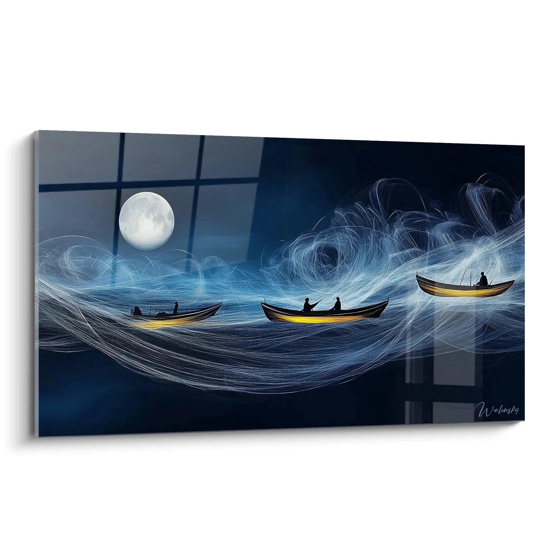 Wandbild Mondschein Fischerboote Turner Stil mit nächtlicher Meeresszene und goldenem Vollmond