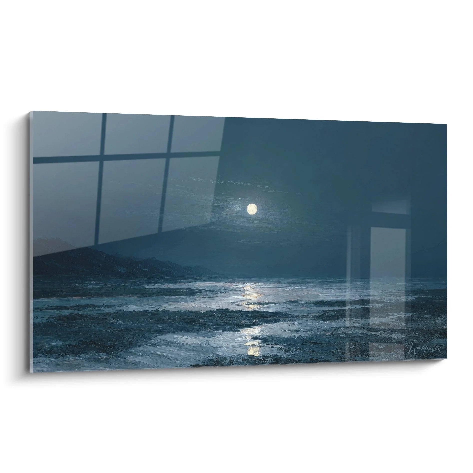 Wandbild Mondschein über dem Meer mit Vollmond und silbrig glitzernden Wellen in der Nacht