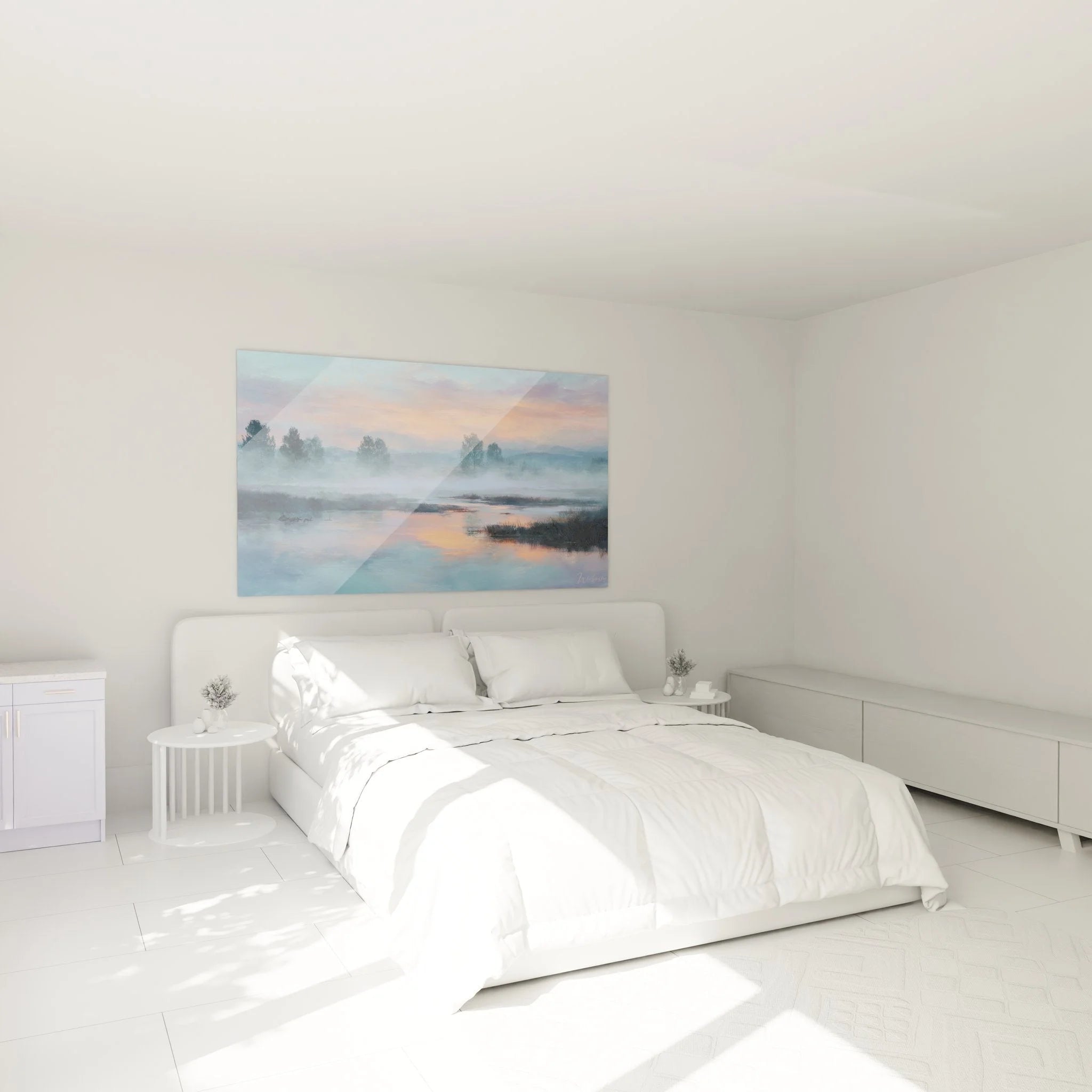 Wandbild Flusslandschaft Morgennebel in Schlafzimmer Ambiente mit beruhigender Pastellfarben Stimmung
