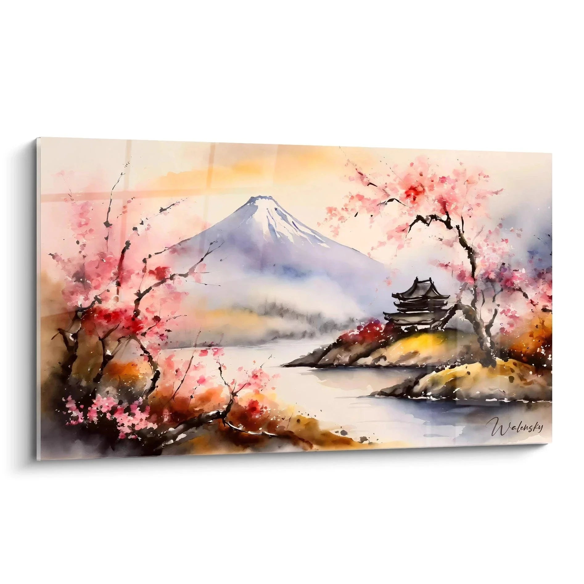 Wandbild Mount Fuji mit rosa Kirschblüten und Pagode im Aquarell-Stil, japanische Landschaftskunst