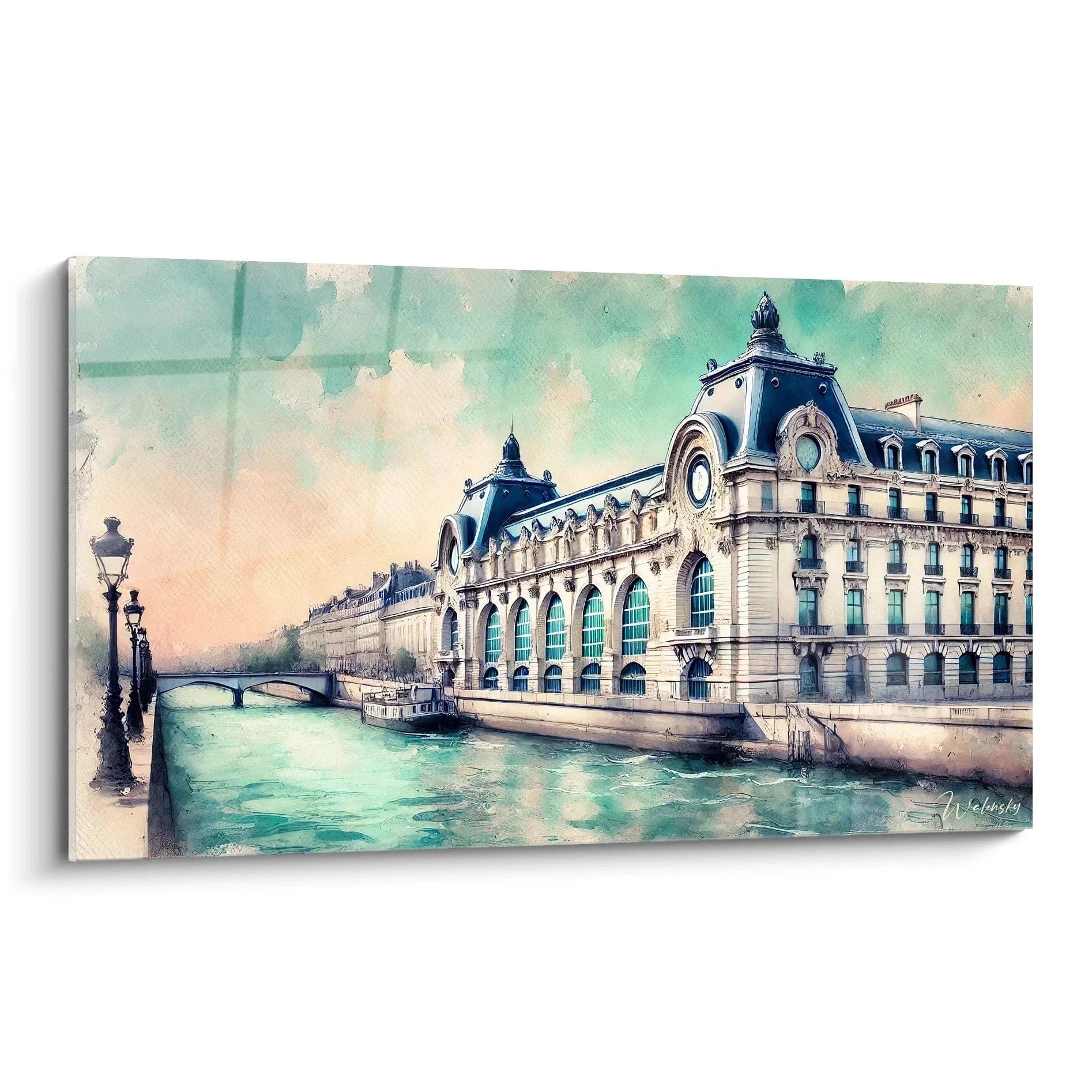 Wandbild Musée d'Orsay Paris im Aquarell-Stil mit Seine und romantischen Pastellfarben
