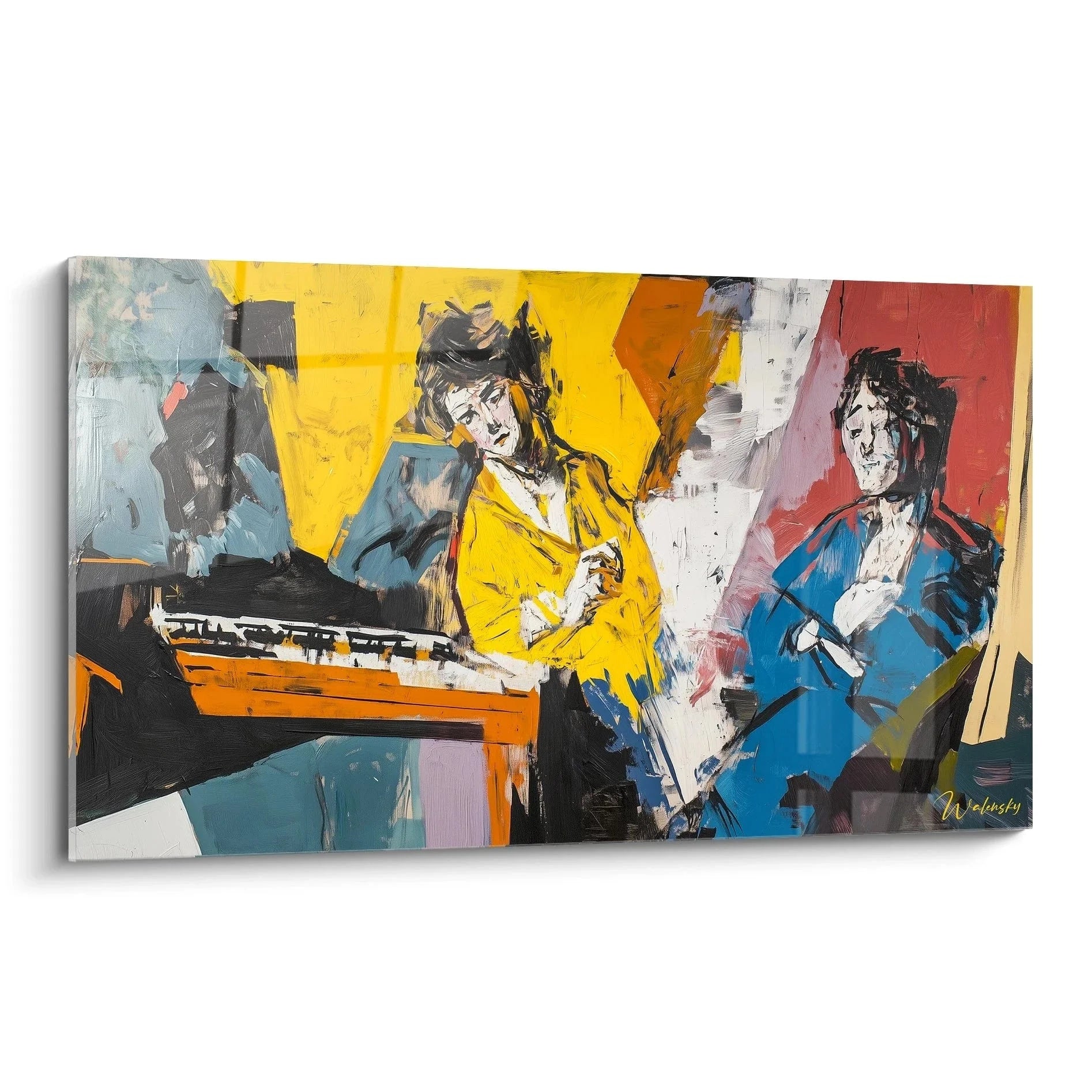 Wandbild Musiker am Klavier in expressionistischem Stil mit gelben und blauen Farbtönen