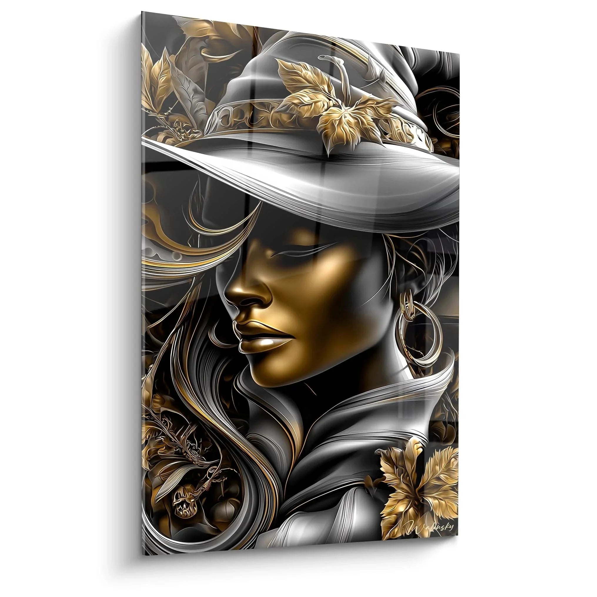 Wandbild mystische Frau mit goldenem Hut Halloween Dekoration Gold Schwarz elegant luxuriös Wandkunst XXL