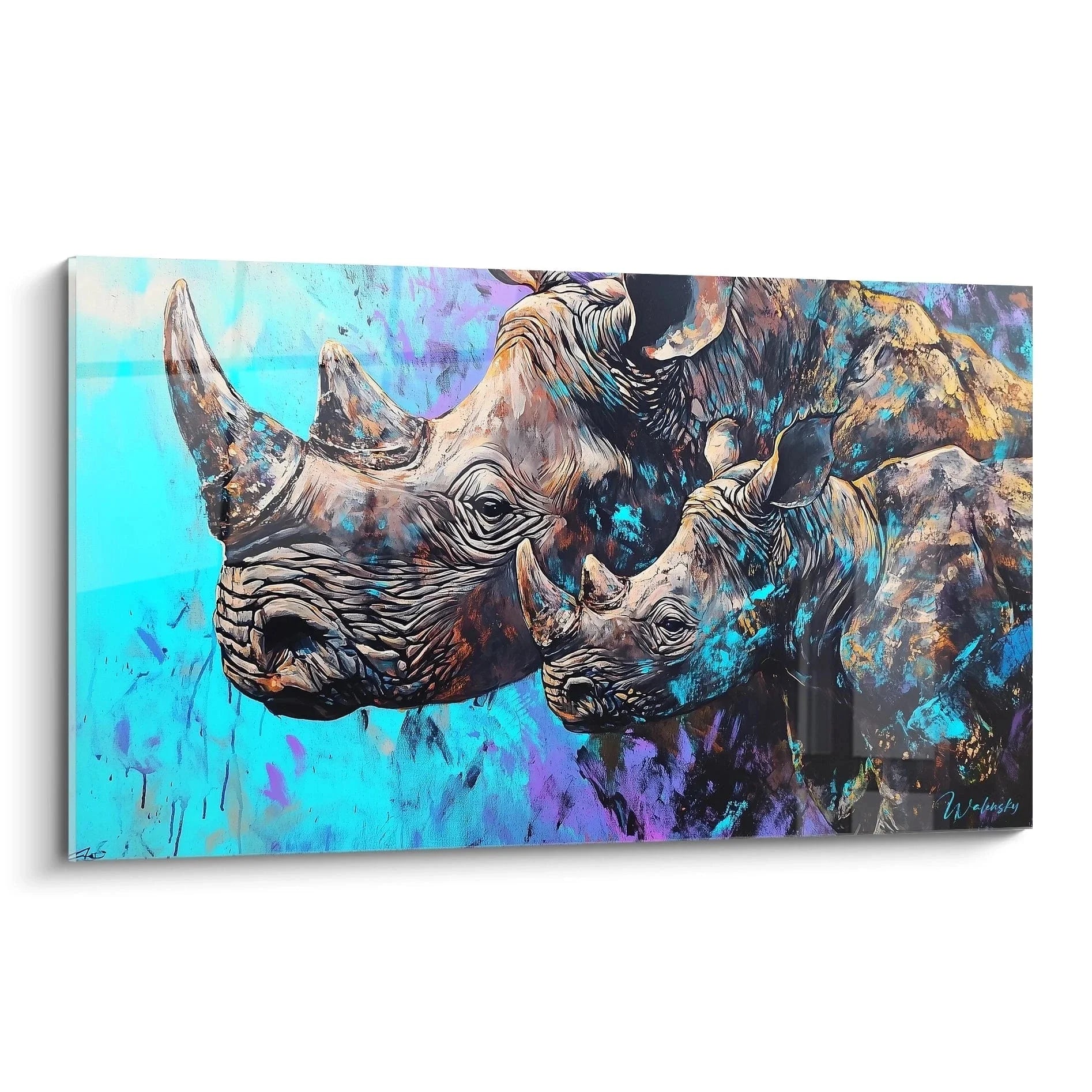 Wandbild Nashörner mit türkis-violettem Hintergrund und expressionistischer Farbgebung