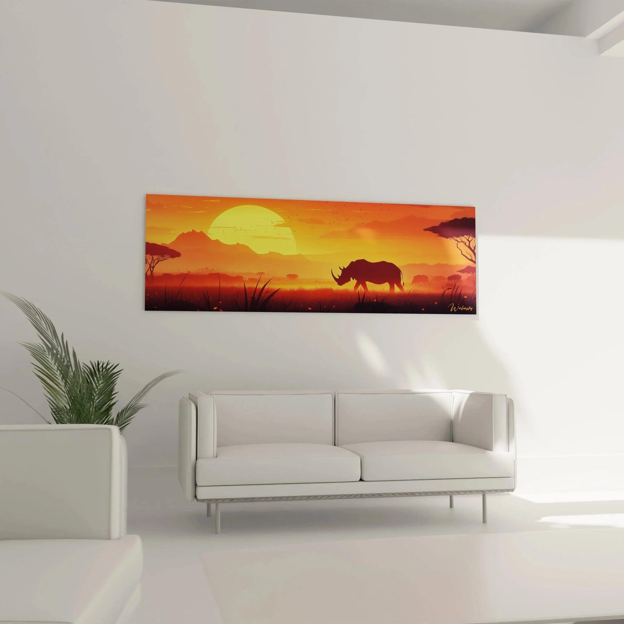 Detailansicht Wandbild Nashorn Savanne mit intensiven Orangetönen und Sonnenuntergang Stimmung