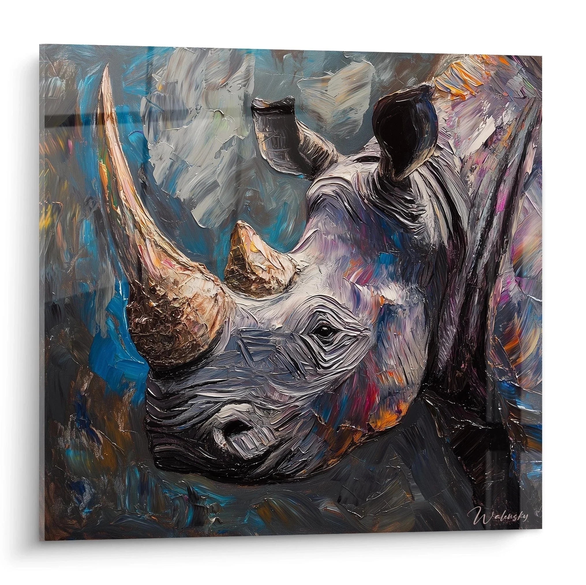 Expressionistisches Wandbild Nashorn mit kraftvollen Pinselstrichen in Blau und Grautönen - Edition Nashorn