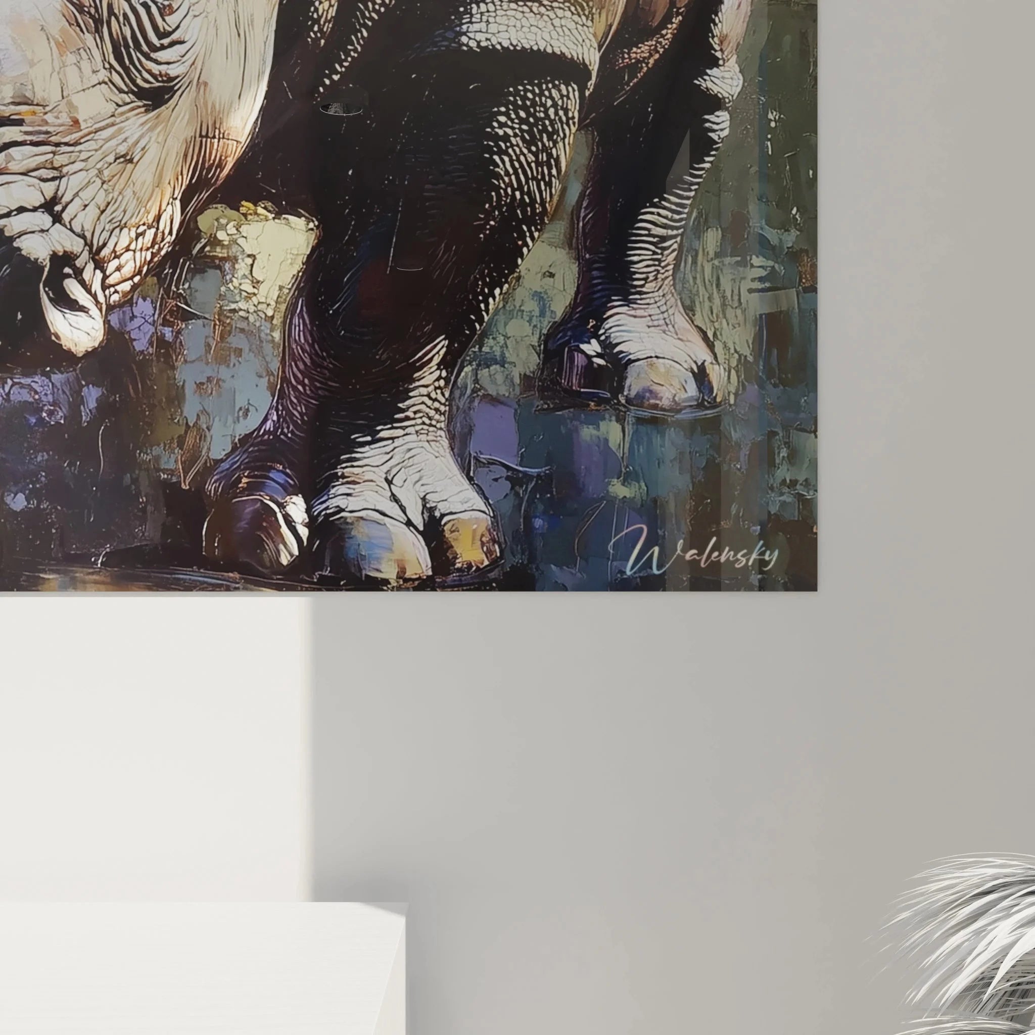 Gesamtansicht Wandbild Nashorn majestätische Darstellung expressionistische Kunst Leinwand