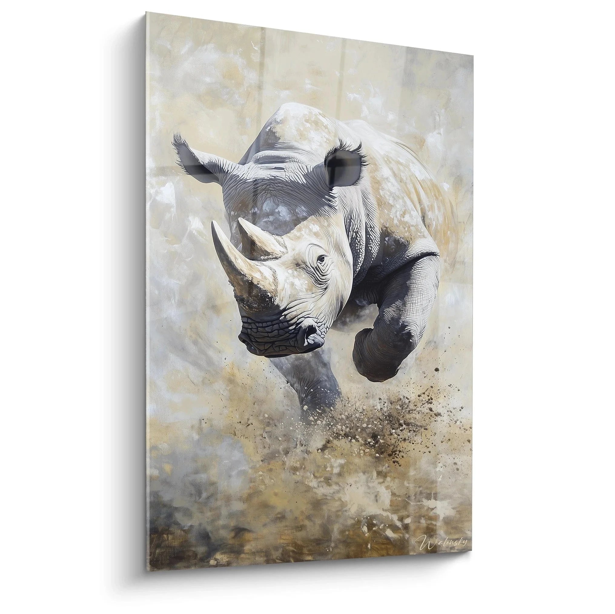 Wandbild Nashorn im kraftvollen Lauf durch Savanne mit aufgewirbeltem Staub - Edition Nashorn Kunstdruck